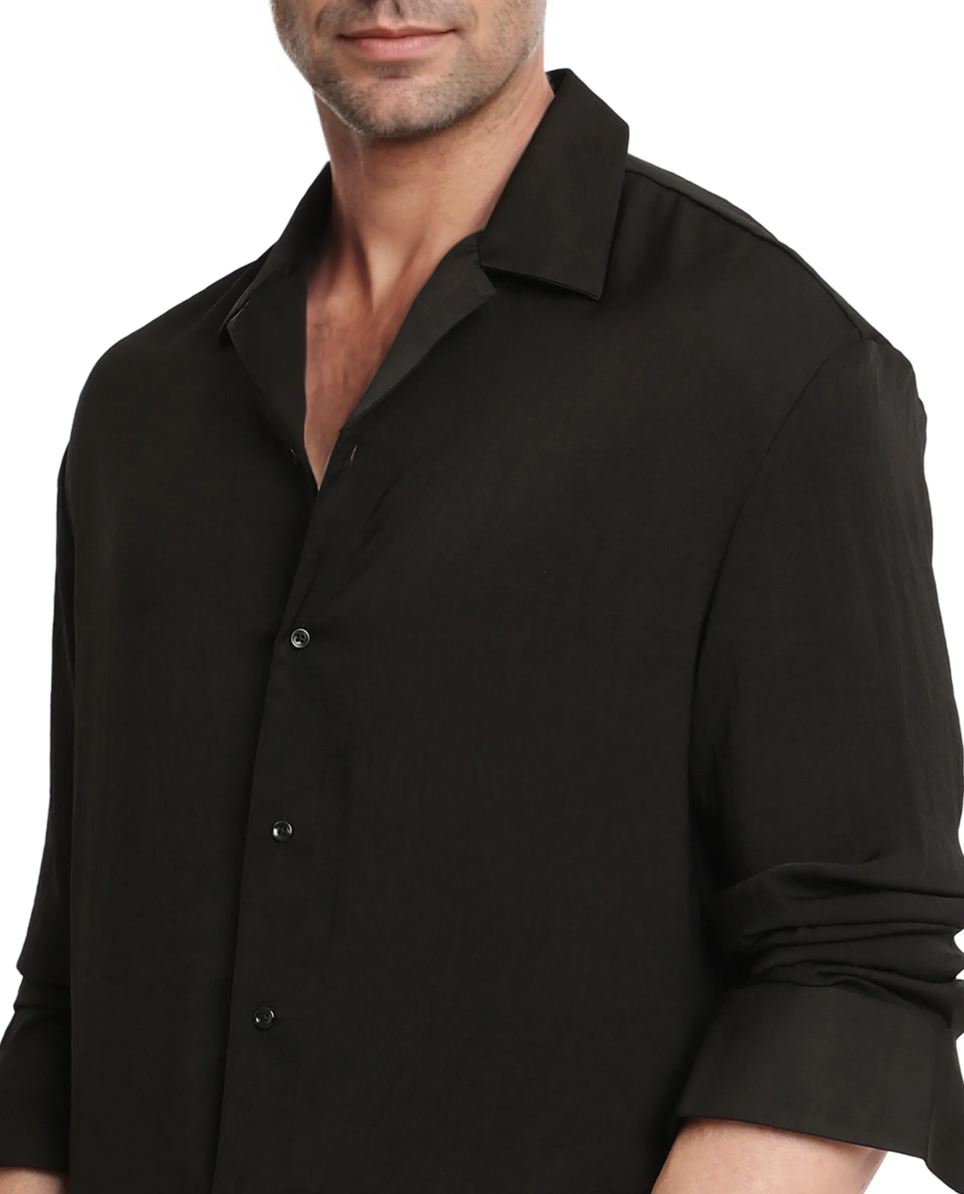 Rare Rabbit Articale Men's Enzo Black Polyester Fabric Full Sleeve Cuban Collar Slim Fit Solid Shirt - Image 6