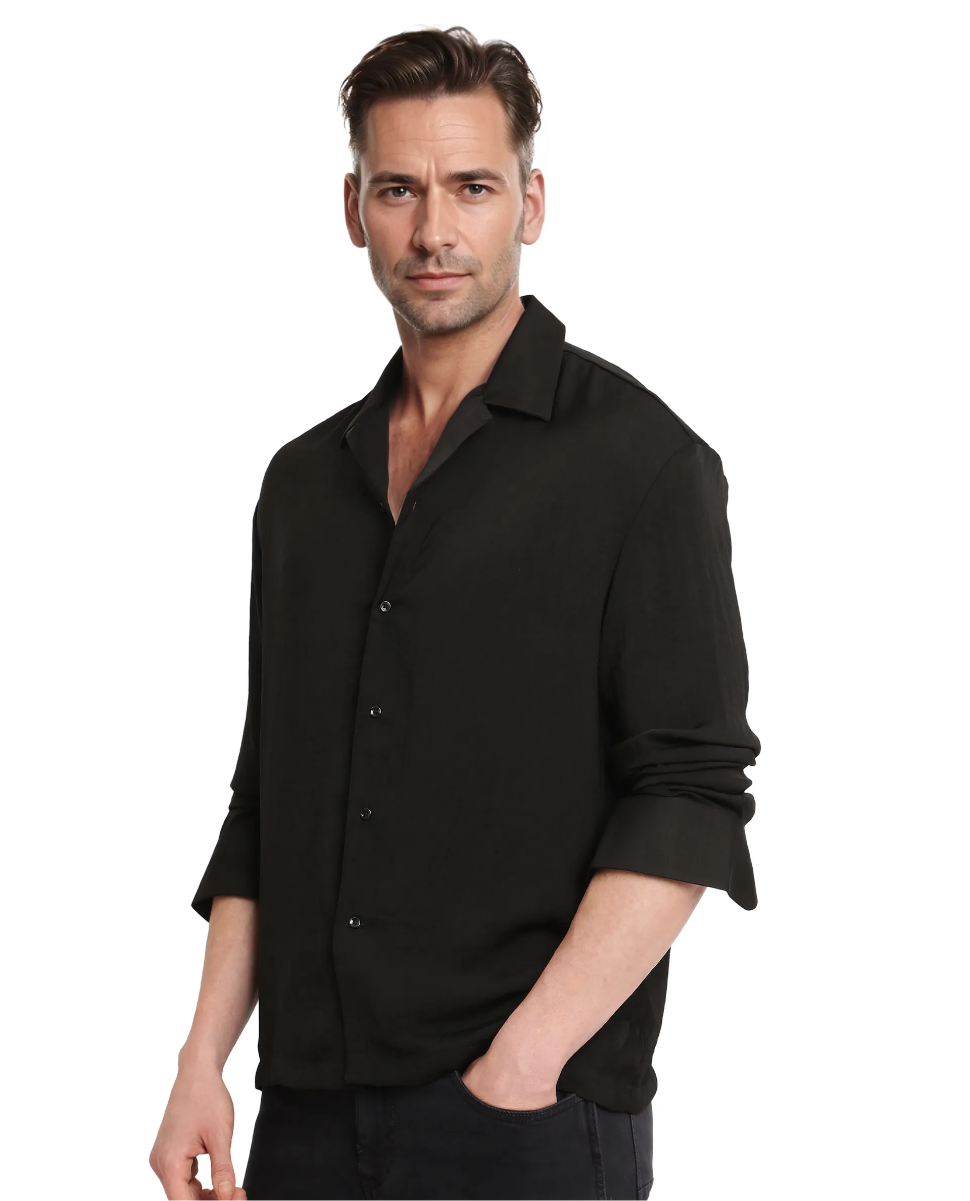 Rare Rabbit Articale Men's Enzo Black Polyester Fabric Full Sleeve Cuban Collar Slim Fit Solid Shirt - Image 7