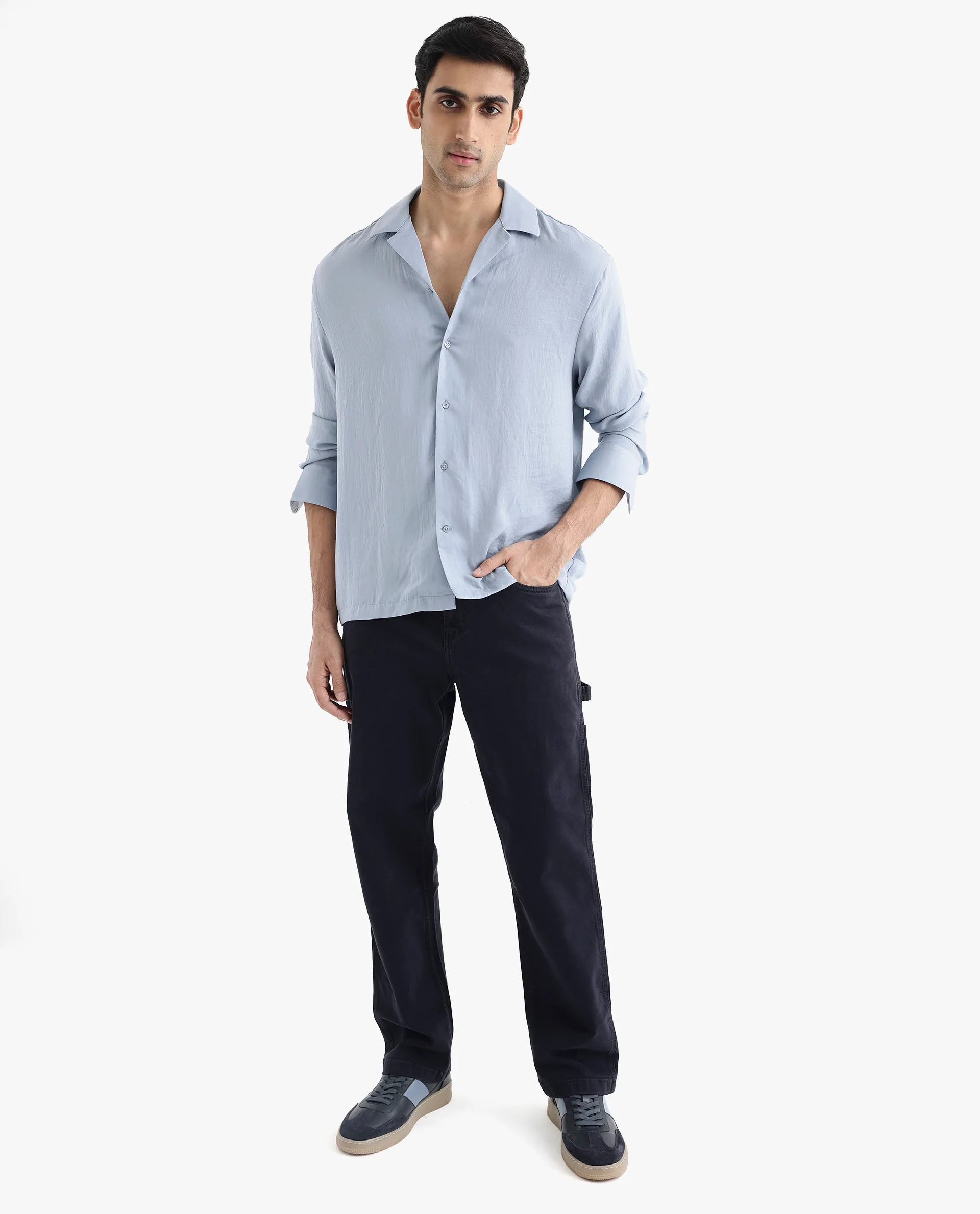 Rare Rabbit Articale Men's Enzo Dusky Blue Polyester Fabric Full Sleeve Cuban Collered Button Closure Slim Fit Solid Shirt - Image 3