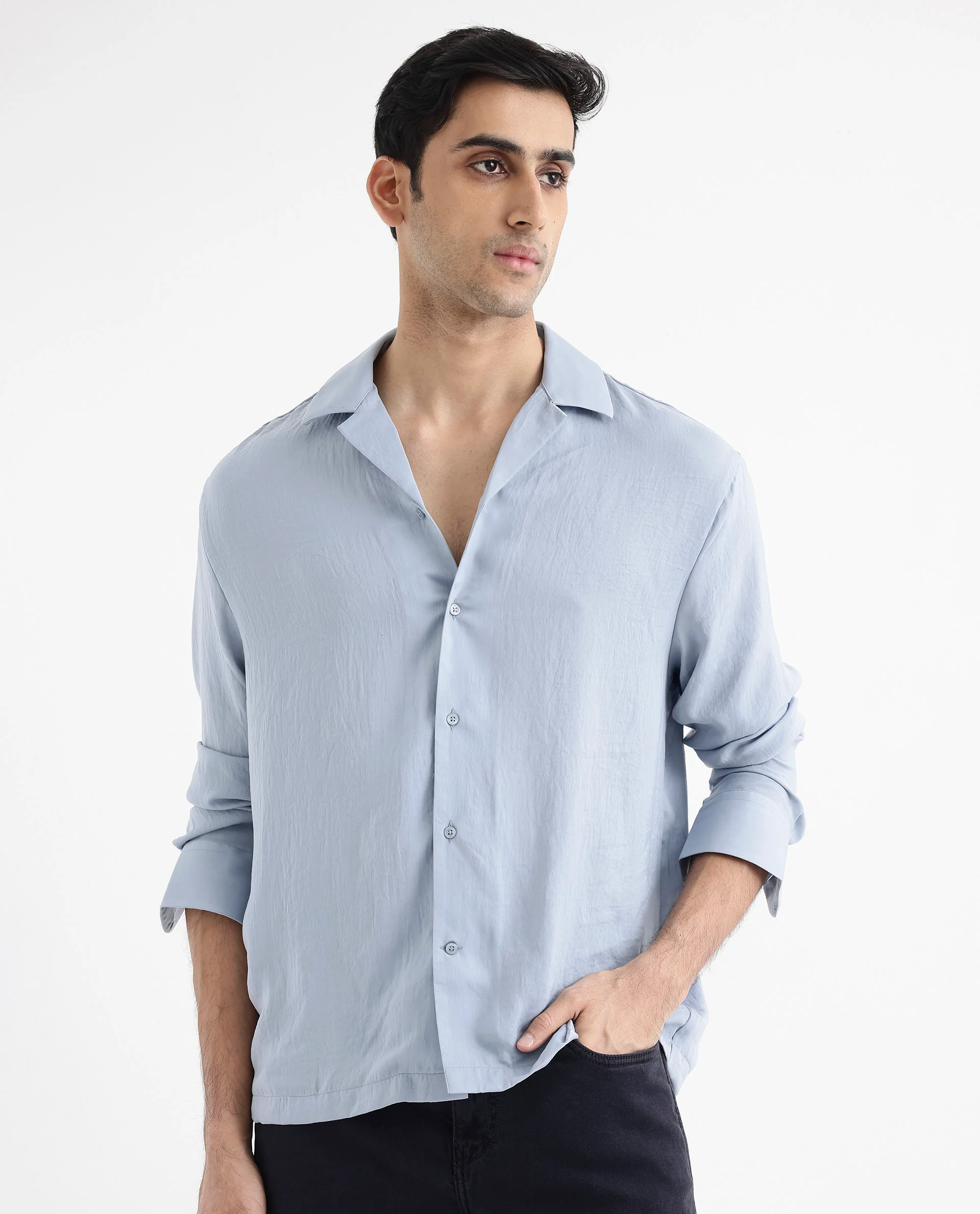 Rare Rabbit Articale Men's Enzo Dusky Blue Polyester Fabric Full Sleeve Cuban Collered Button Closure Slim Fit Solid Shirt - Image 4