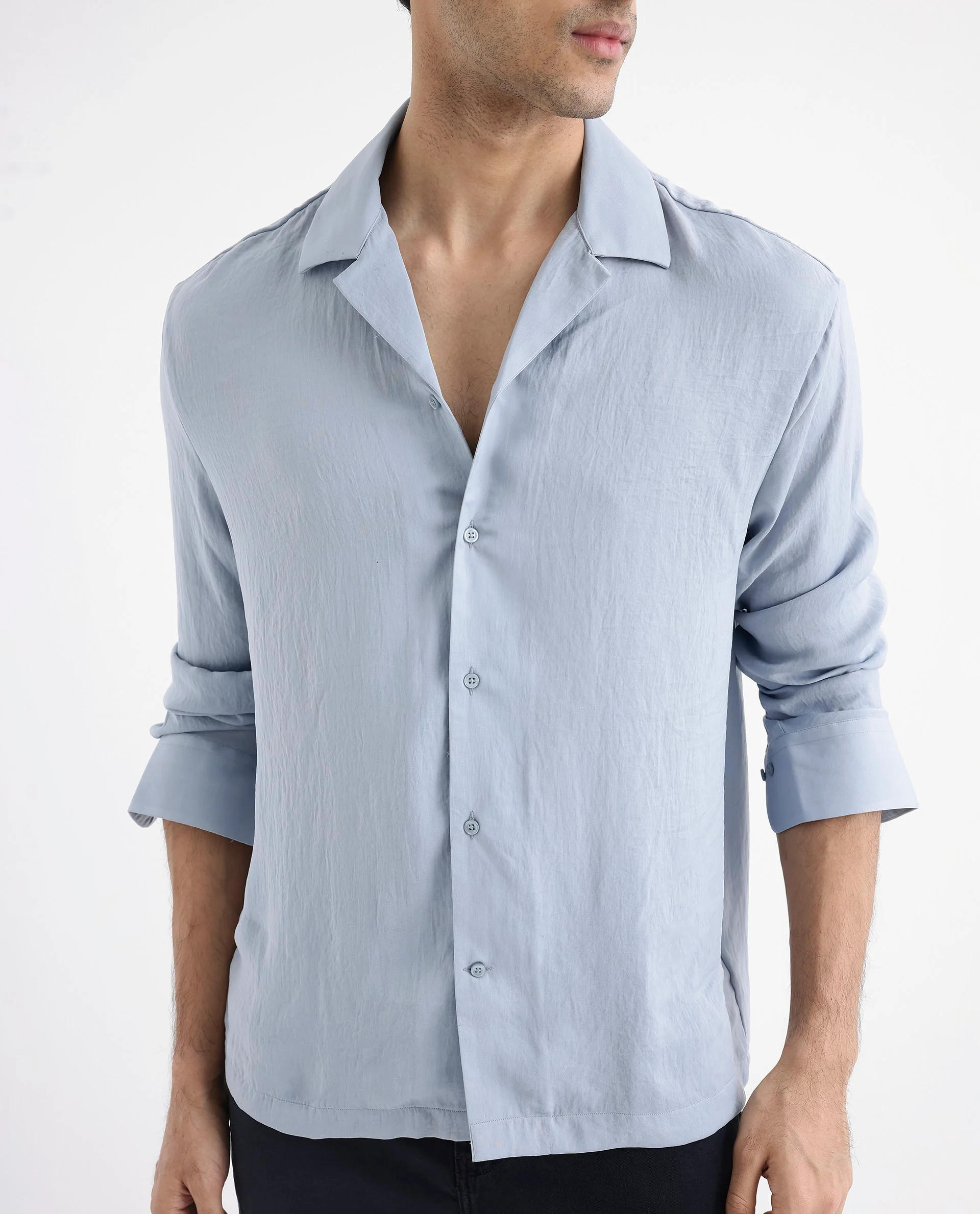 Rare Rabbit Articale Men's Enzo Dusky Blue Polyester Fabric Full Sleeve Cuban Collered Button Closure Slim Fit Solid Shirt - Image 5