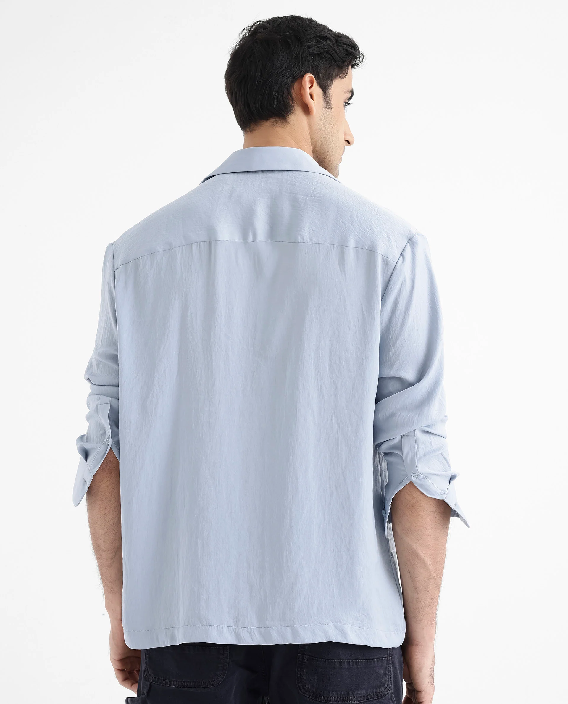 Rare Rabbit Articale Men's Enzo Dusky Blue Polyester Fabric Full Sleeve Cuban Collered Button Closure Slim Fit Solid Shirt - Image 6
