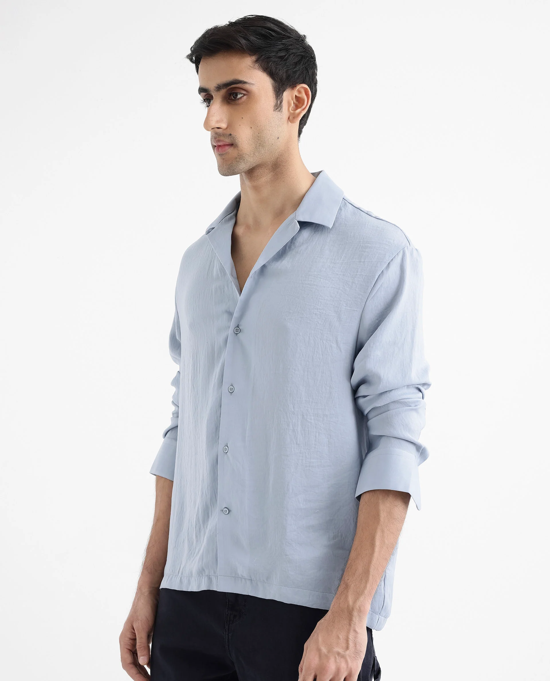 Rare Rabbit Articale Men's Enzo Dusky Blue Polyester Fabric Full Sleeve Cuban Collered Button Closure Slim Fit Solid Shirt - Image 7