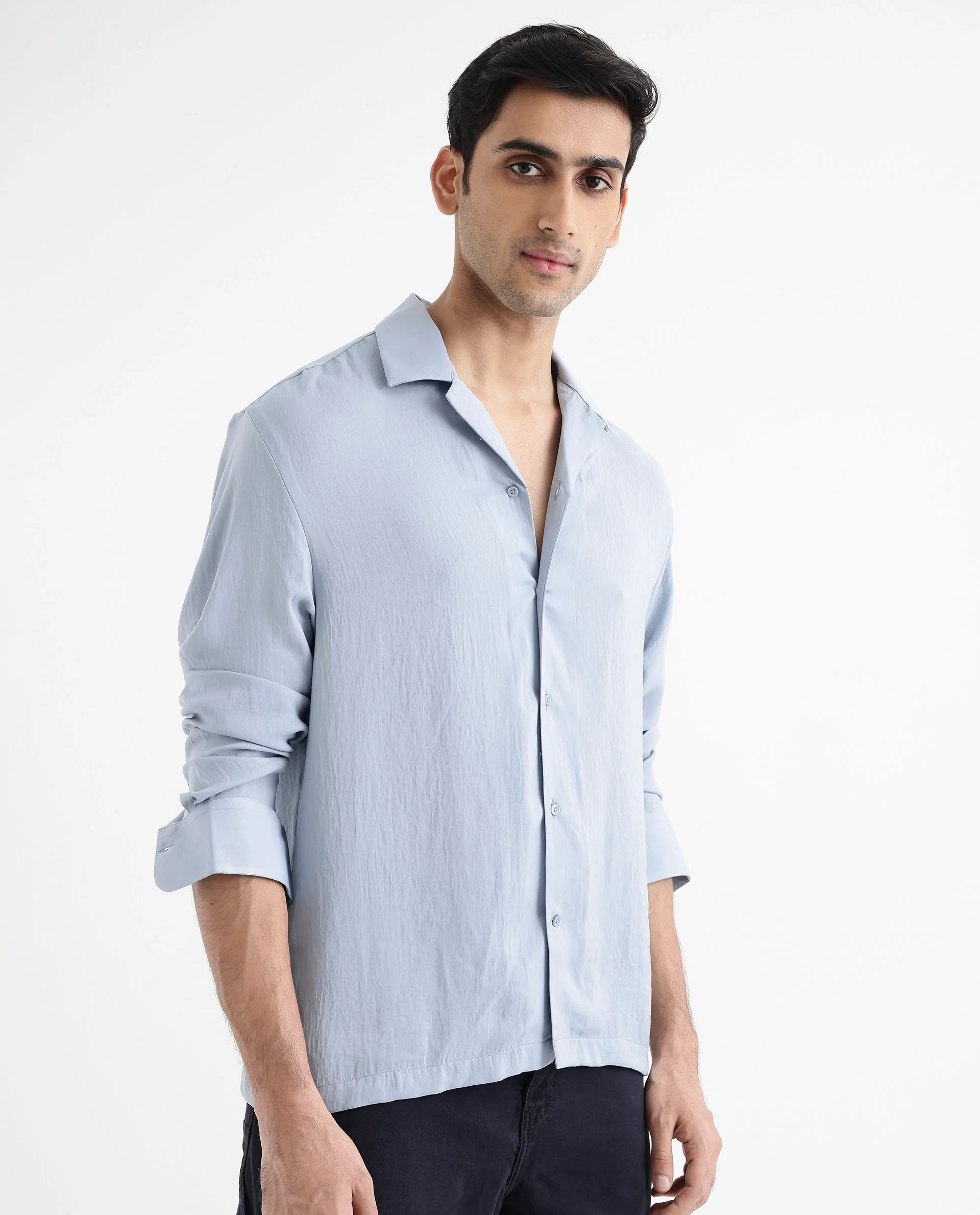 Rare Rabbit Articale Men's Enzo Dusky Blue Polyester Fabric Full Sleeve Cuban Collered Button Closure Slim Fit Solid Shirt - Image 8