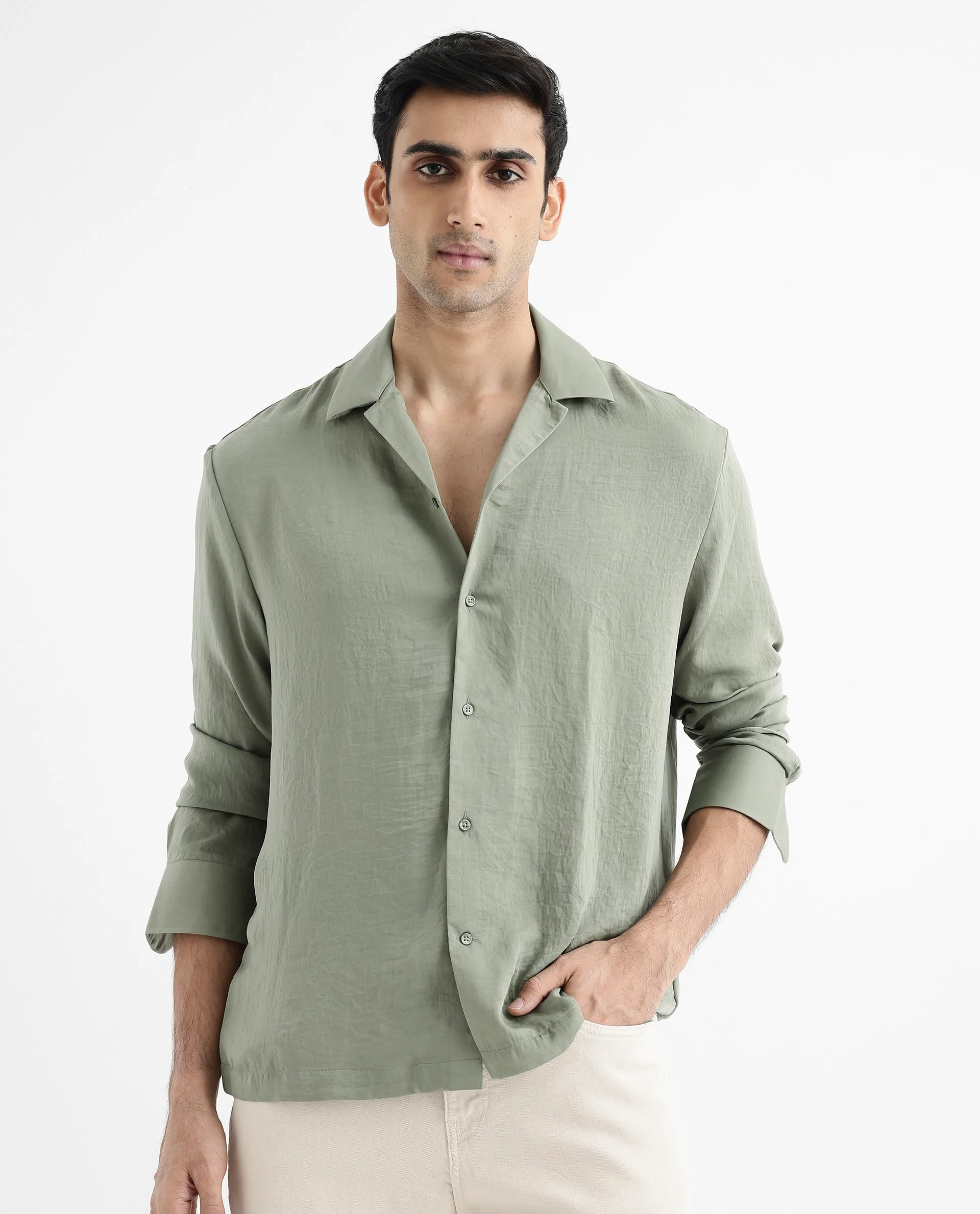 Rare Rabbit Articale Men's Enzo Dusky Green Polyester Fabric Full Sleeve Collared Neck Button Closure Slim Fit Solid Shirt - Image 2