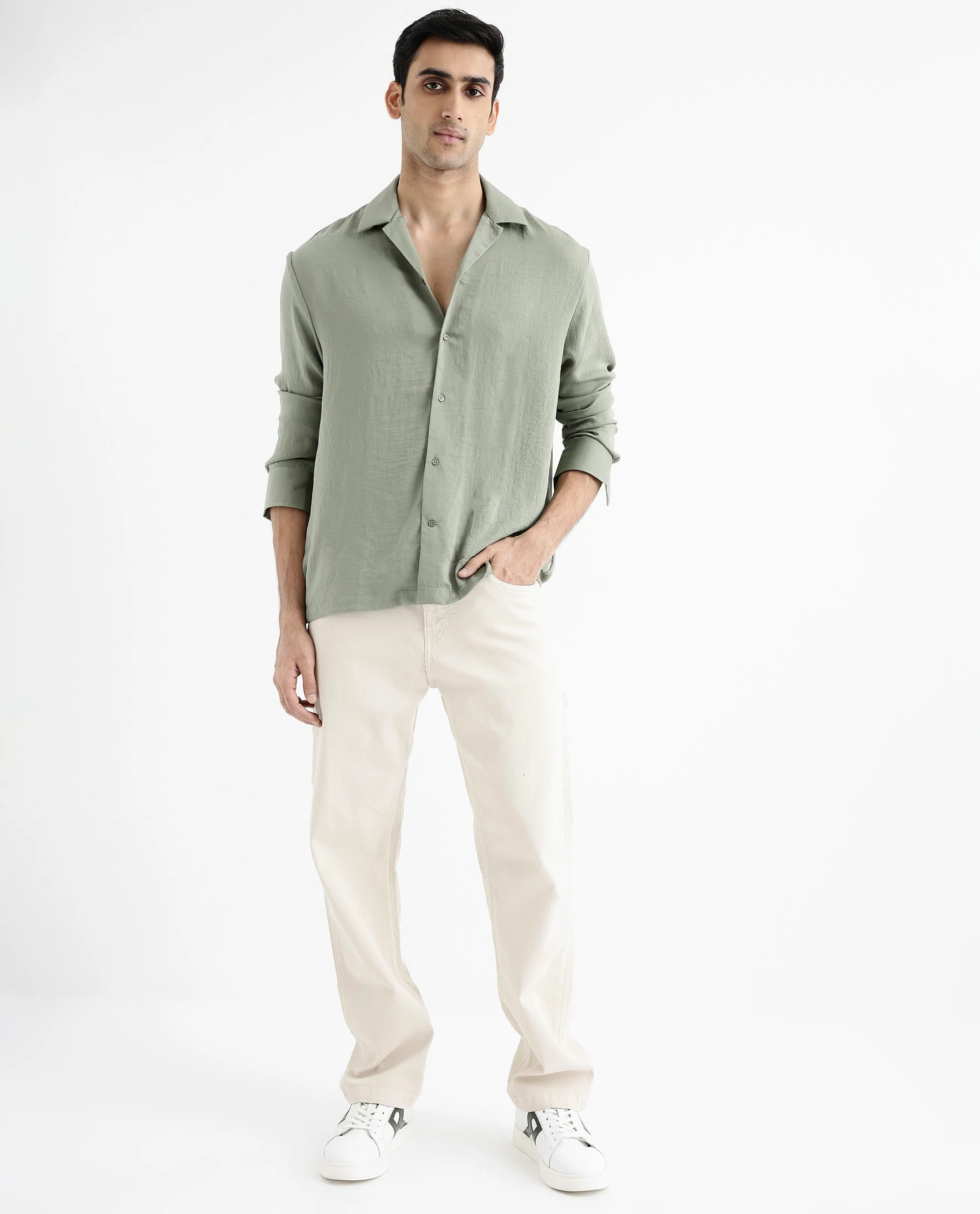 Rare Rabbit Articale Men's Enzo Dusky Green Polyester Fabric Full Sleeve Collared Neck Button Closure Slim Fit Solid Shirt - Image 4