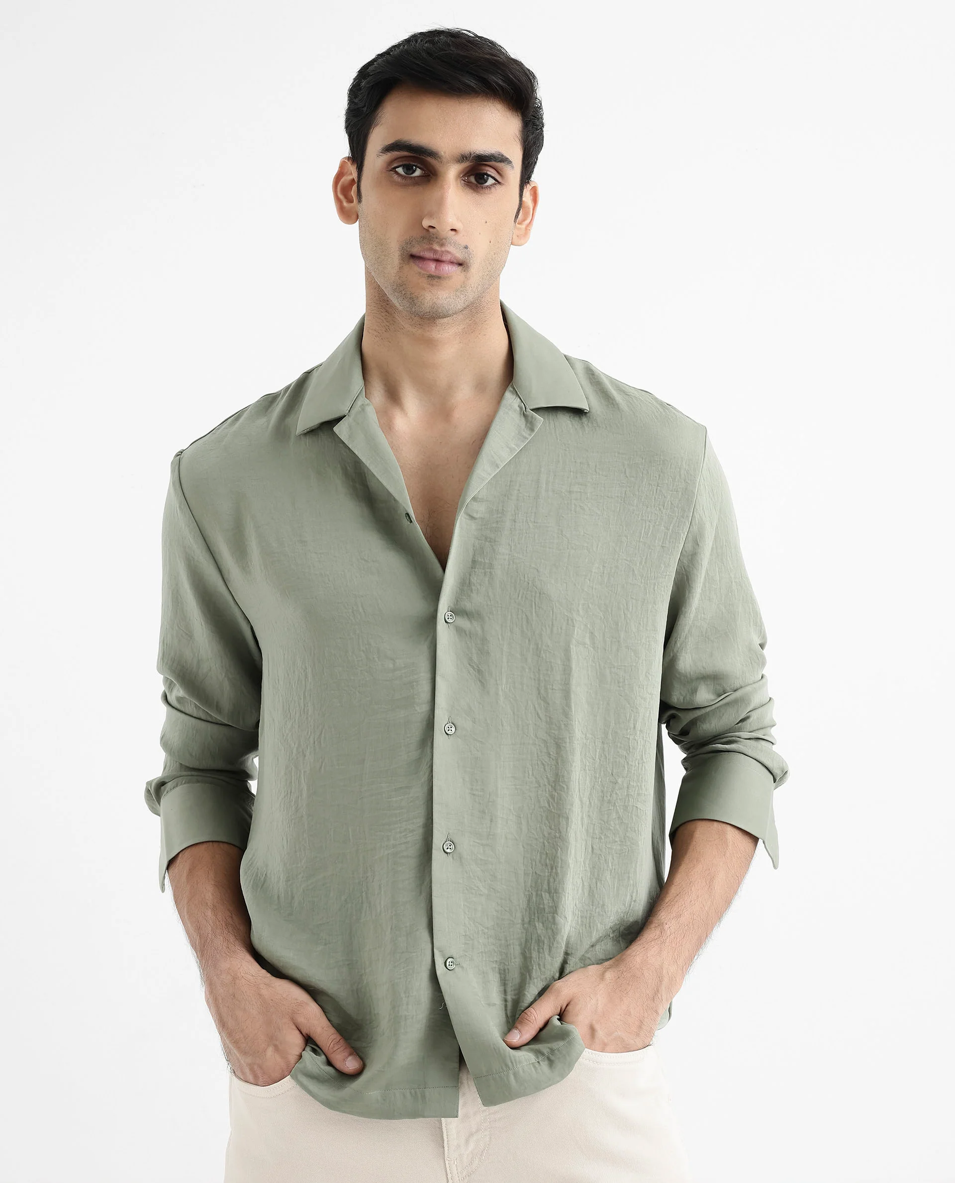 Rare Rabbit Articale Men's Enzo Dusky Green Polyester Fabric Full Sleeve Collared Neck Button Closure Slim Fit Solid Shirt - Image 6