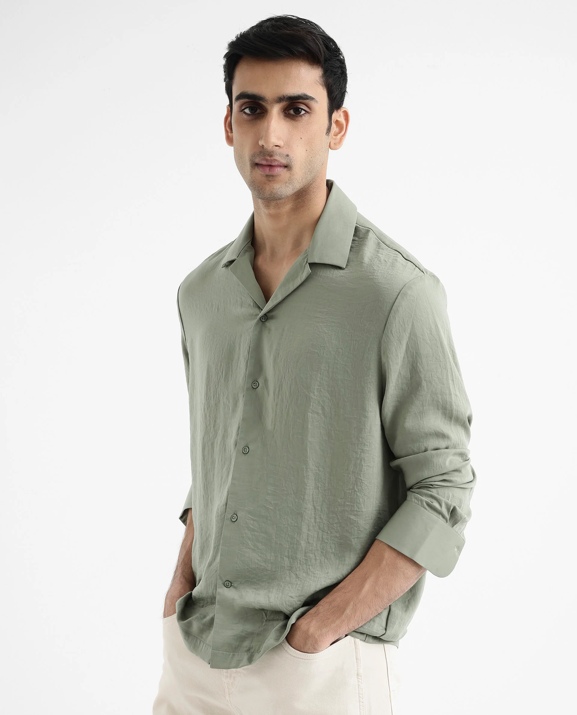 Rare Rabbit Articale Men's Enzo Dusky Green Polyester Fabric Full Sleeve Collared Neck Button Closure Slim Fit Solid Shirt - Image 7
