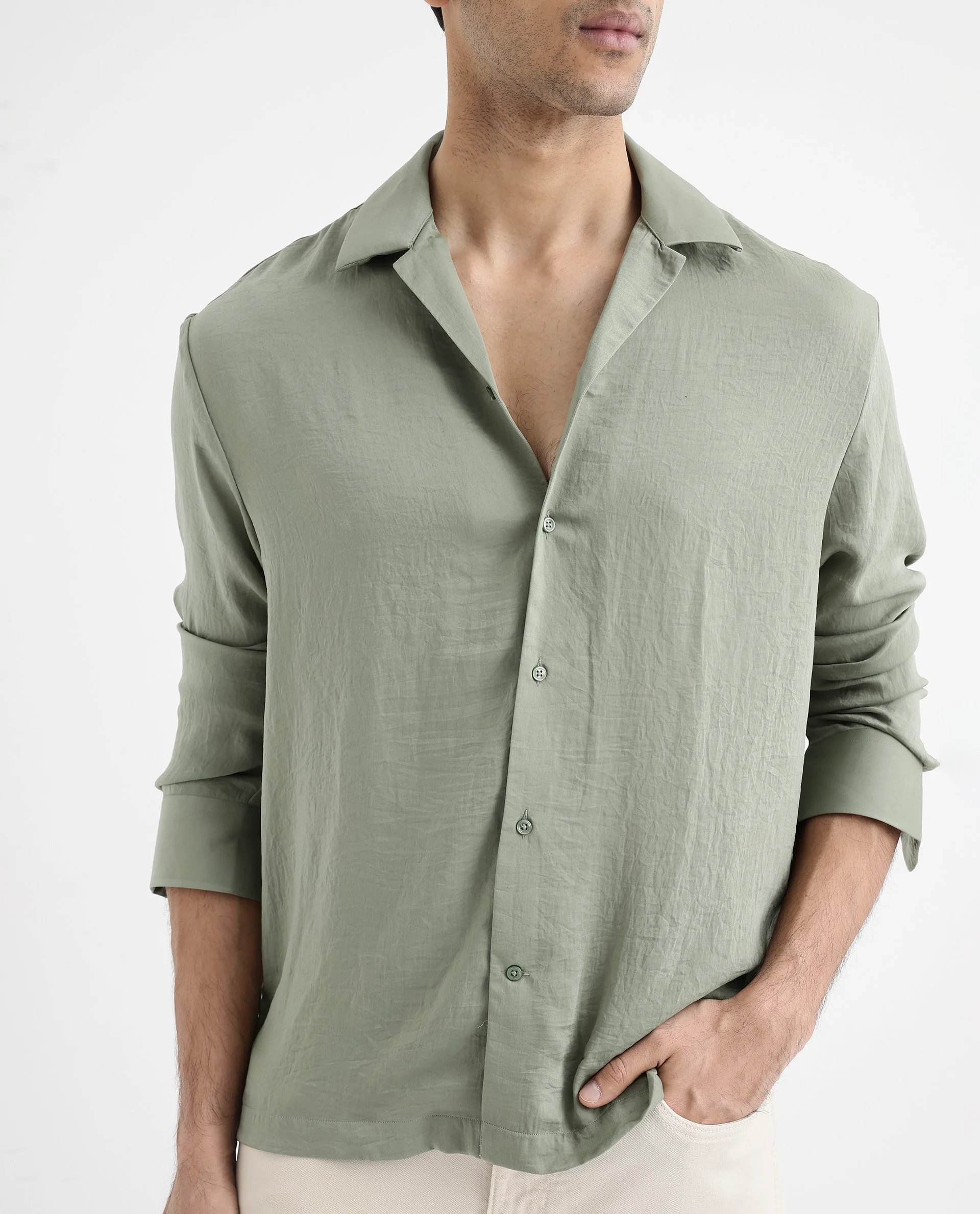 Rare Rabbit Articale Men's Enzo Dusky Green Polyester Fabric Full Sleeve Collared Neck Button Closure Slim Fit Solid Shirt - Image 8