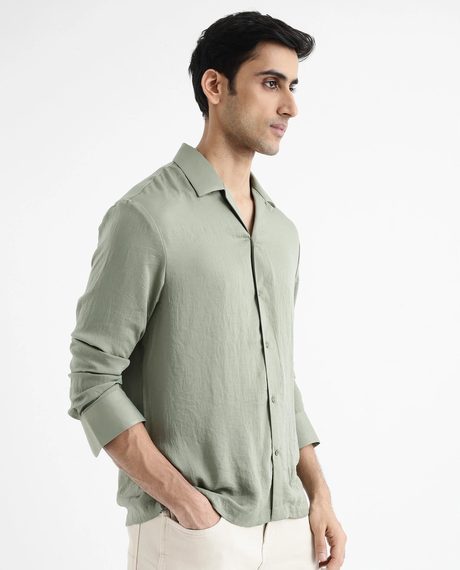 Rare Rabbit Articale Men's Enzo Dusky Green Polyester Fabric Full Sleeve Collared Neck Button Closure Slim Fit Solid Shirt - Image 9