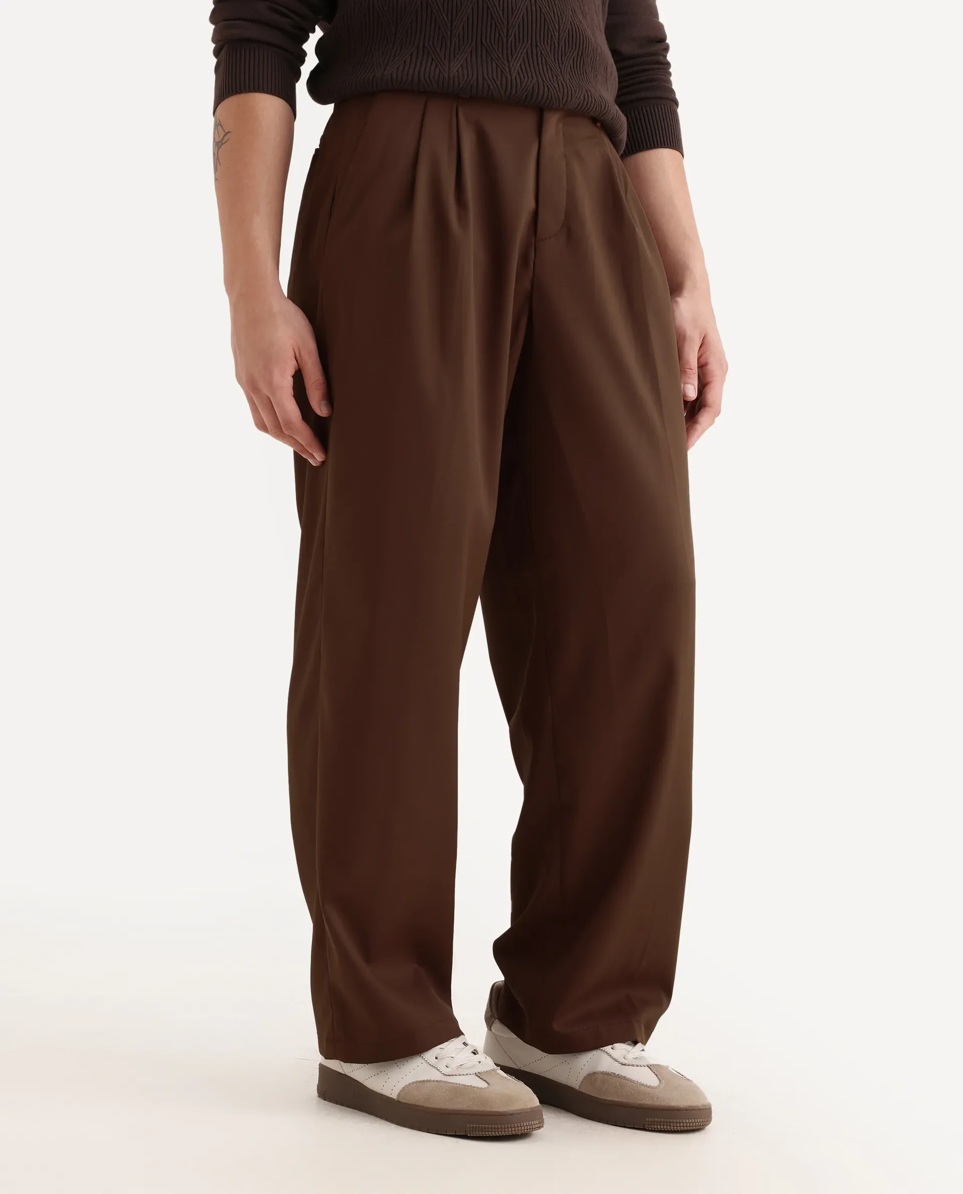 Rare Rabbit Men's Enzot Brown Cotton Plain Relaxed Fit Trouser - Image 2