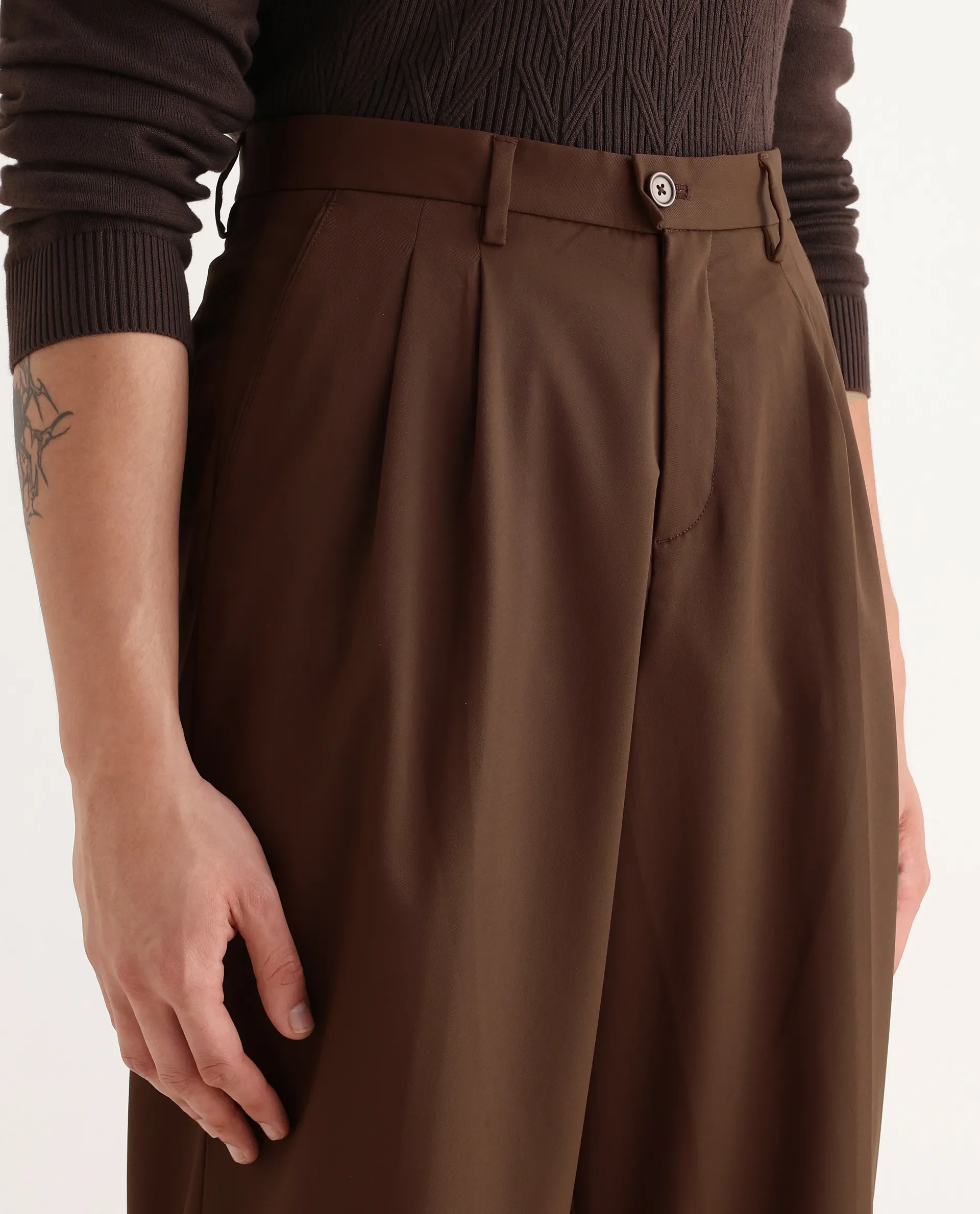Rare Rabbit Men's Enzot Brown Cotton Plain Relaxed Fit Trouser - Image 3