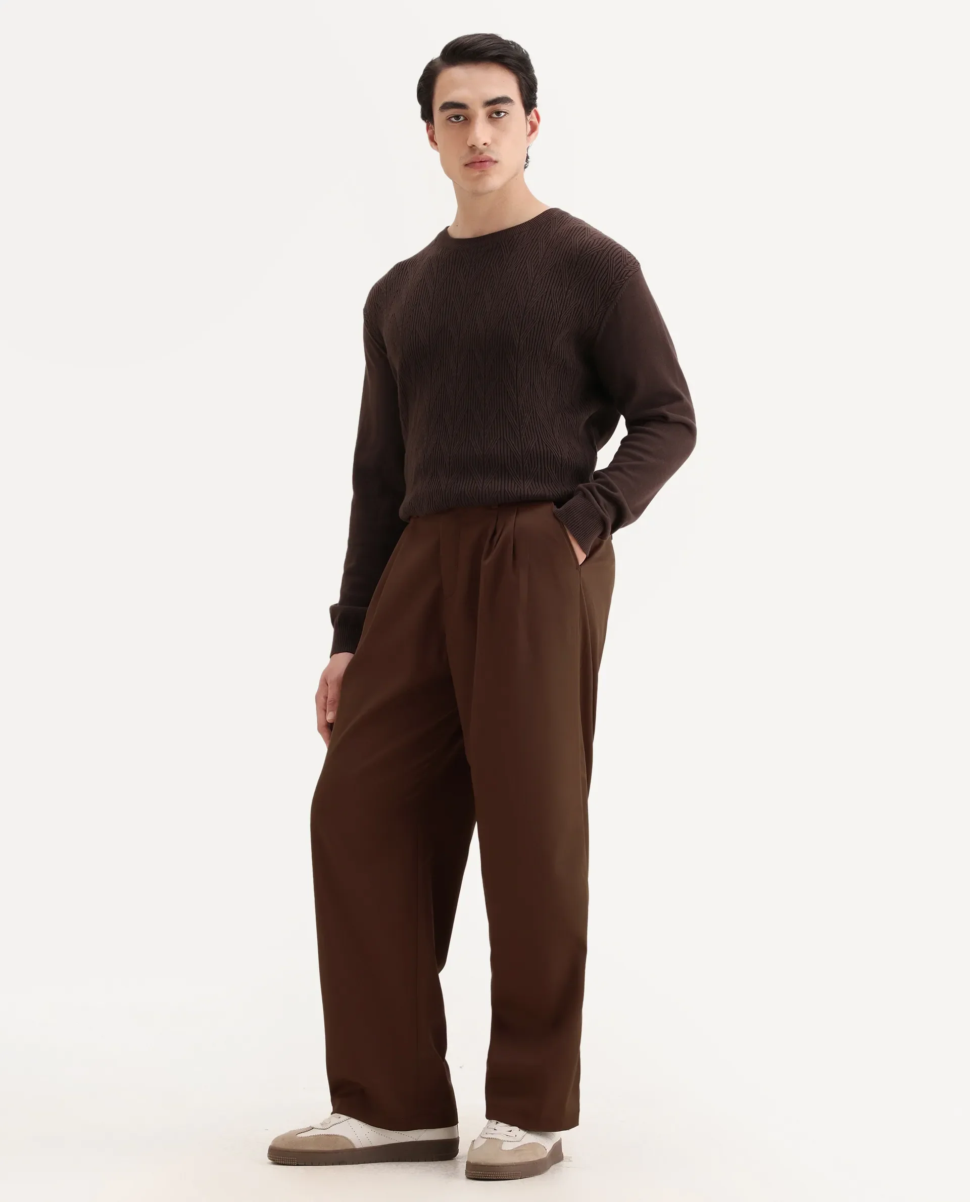 Rare Rabbit Men's Enzot Brown Cotton Plain Relaxed Fit Trouser - Image 4