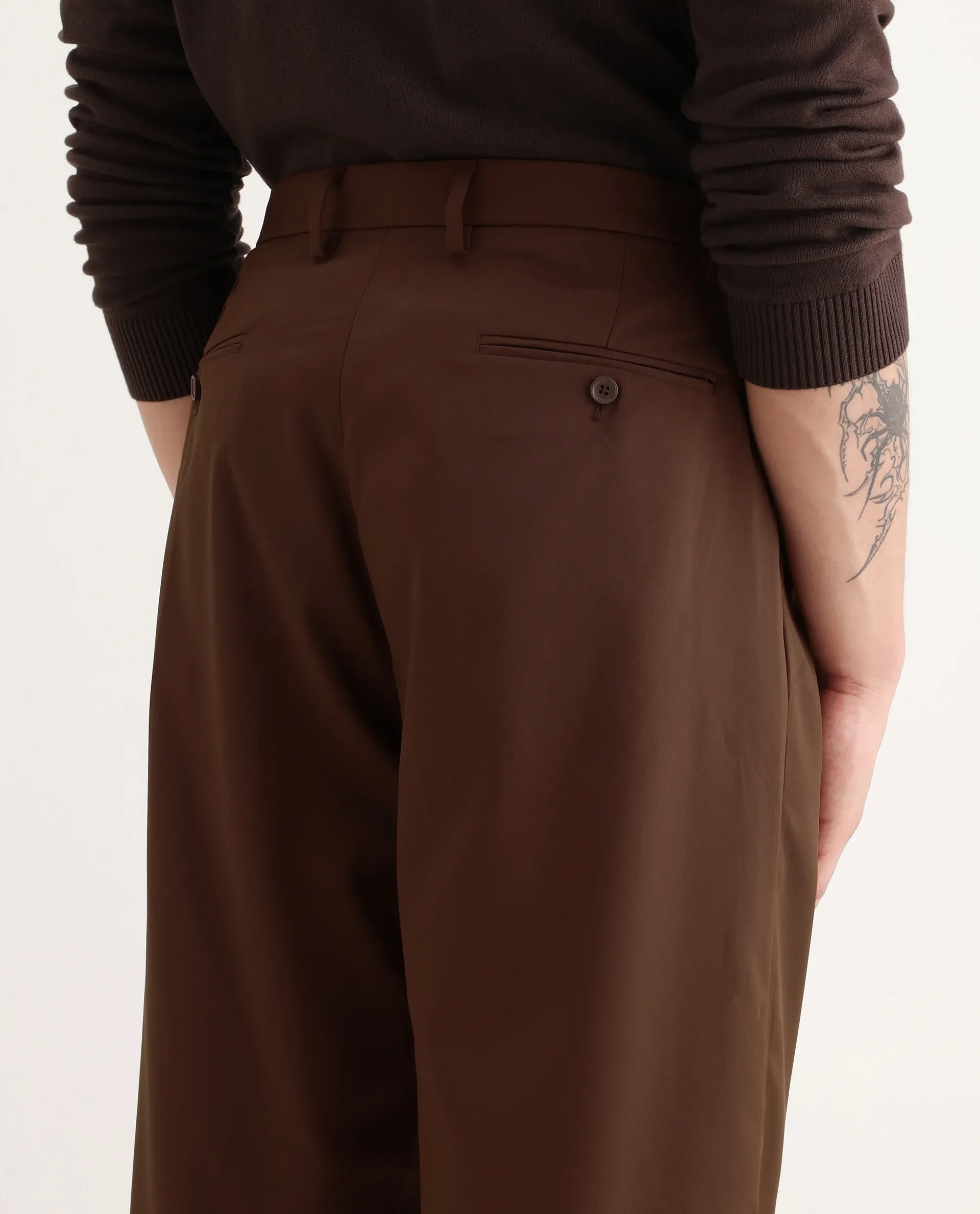 Rare Rabbit Men's Enzot Brown Cotton Plain Relaxed Fit Trouser - Image 6