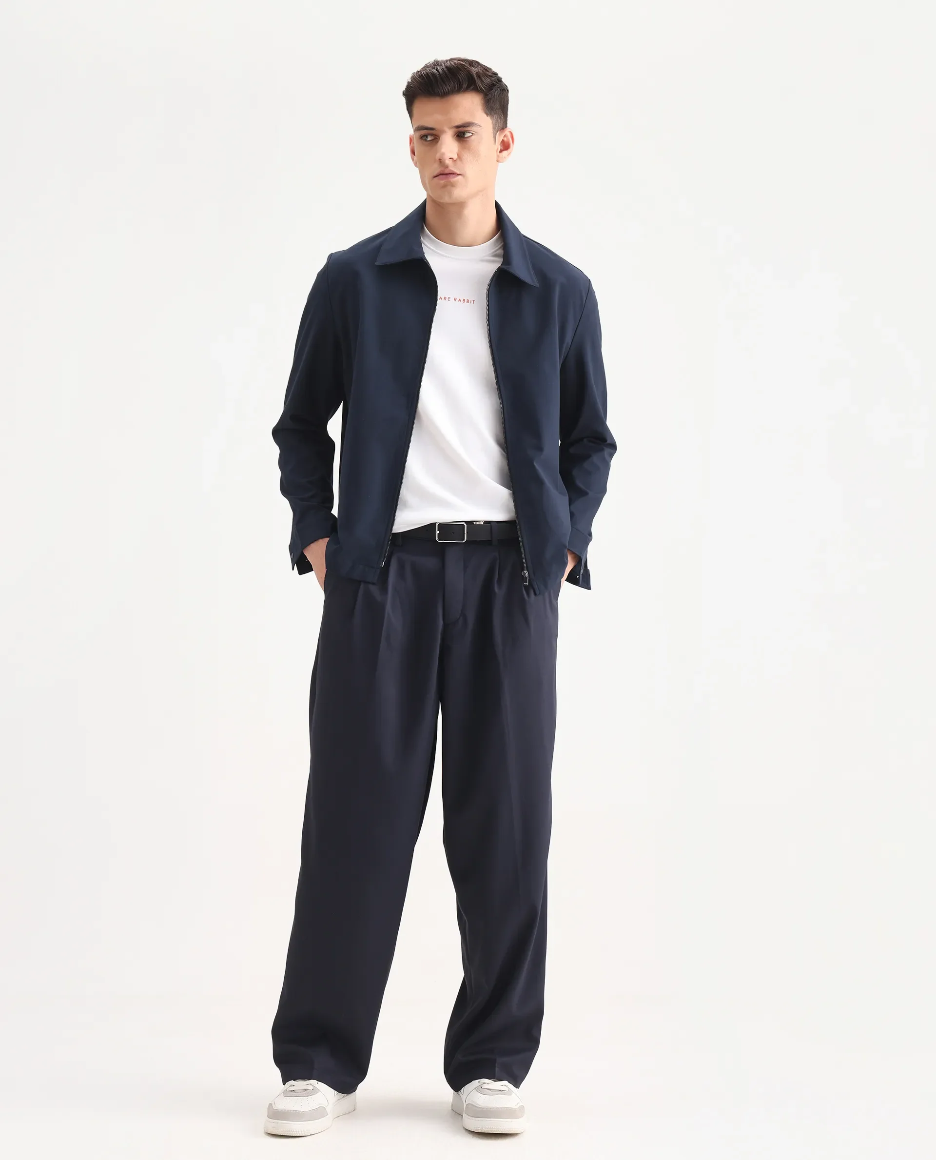 Rare Rabbit Men's Enzot Navy Cotton Plain Relaxed Fit Trouser