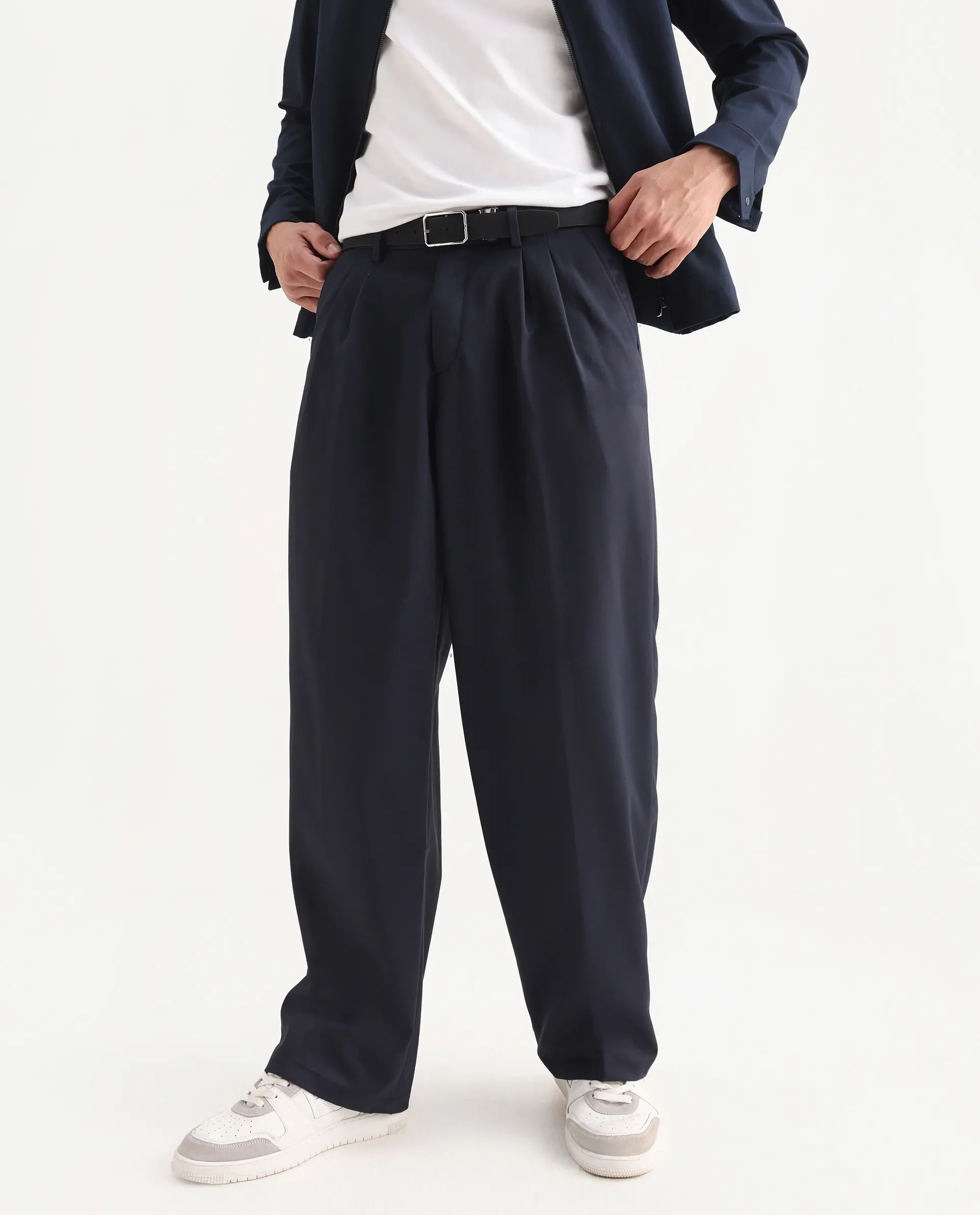 Rare Rabbit Men's Enzot Navy Cotton Plain Relaxed Fit Trouser - Image 2