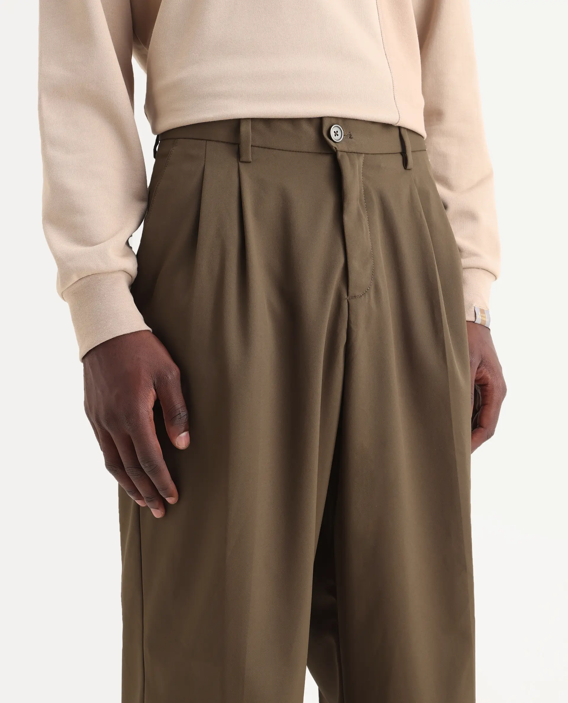 Rare Rabbit Men's Enzot Olive Cotton Plain Relaxed Fit Trouser - Image 5