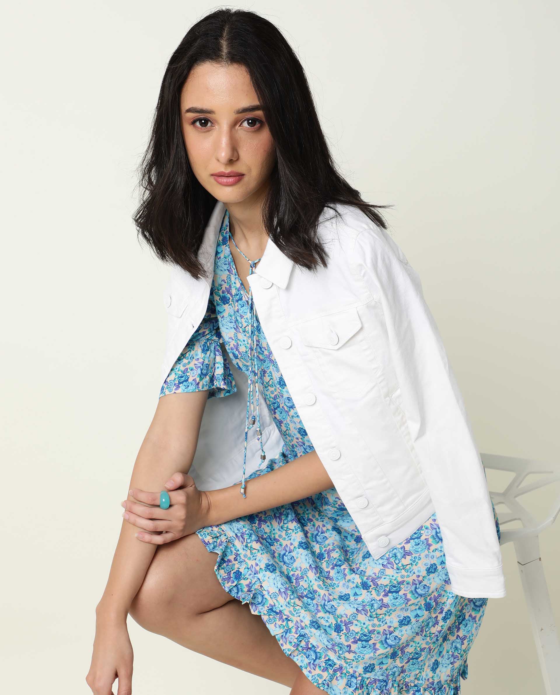 Rareism Women's Eon Blue Viscose V-Neck Floral Print Puff Sleeves Midi Slim Fit Dress - Image 10