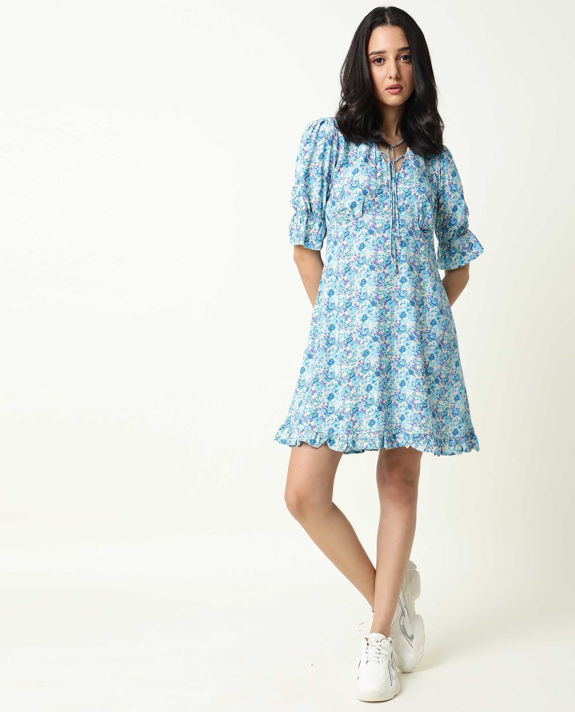 Rareism Women's Eon Blue Viscose V-Neck Floral Print Puff Sleeves Midi Slim Fit Dress - Image 11
