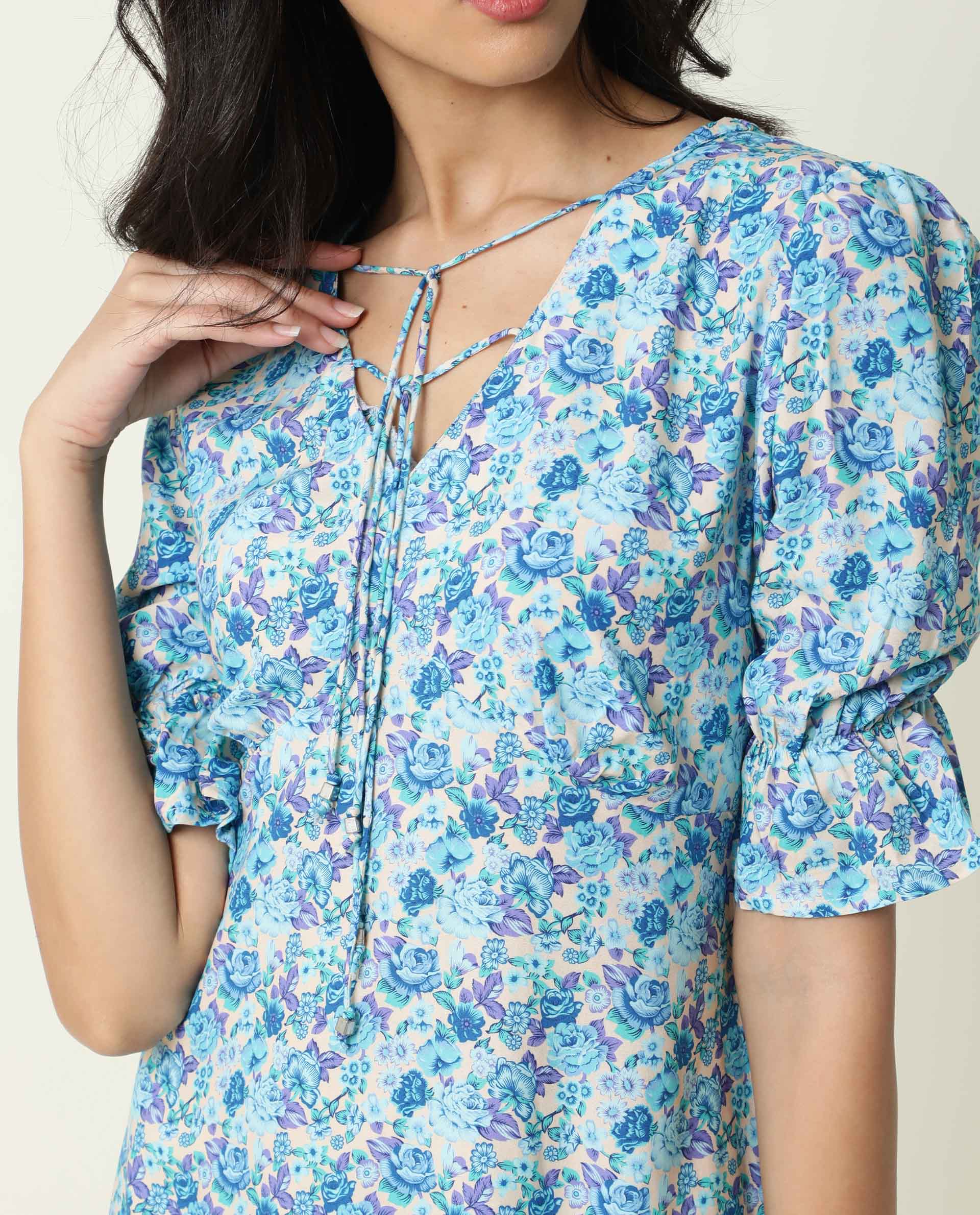 Rareism Women's Eon Blue Viscose V-Neck Floral Print Puff Sleeves Midi Slim Fit Dress - Image 3