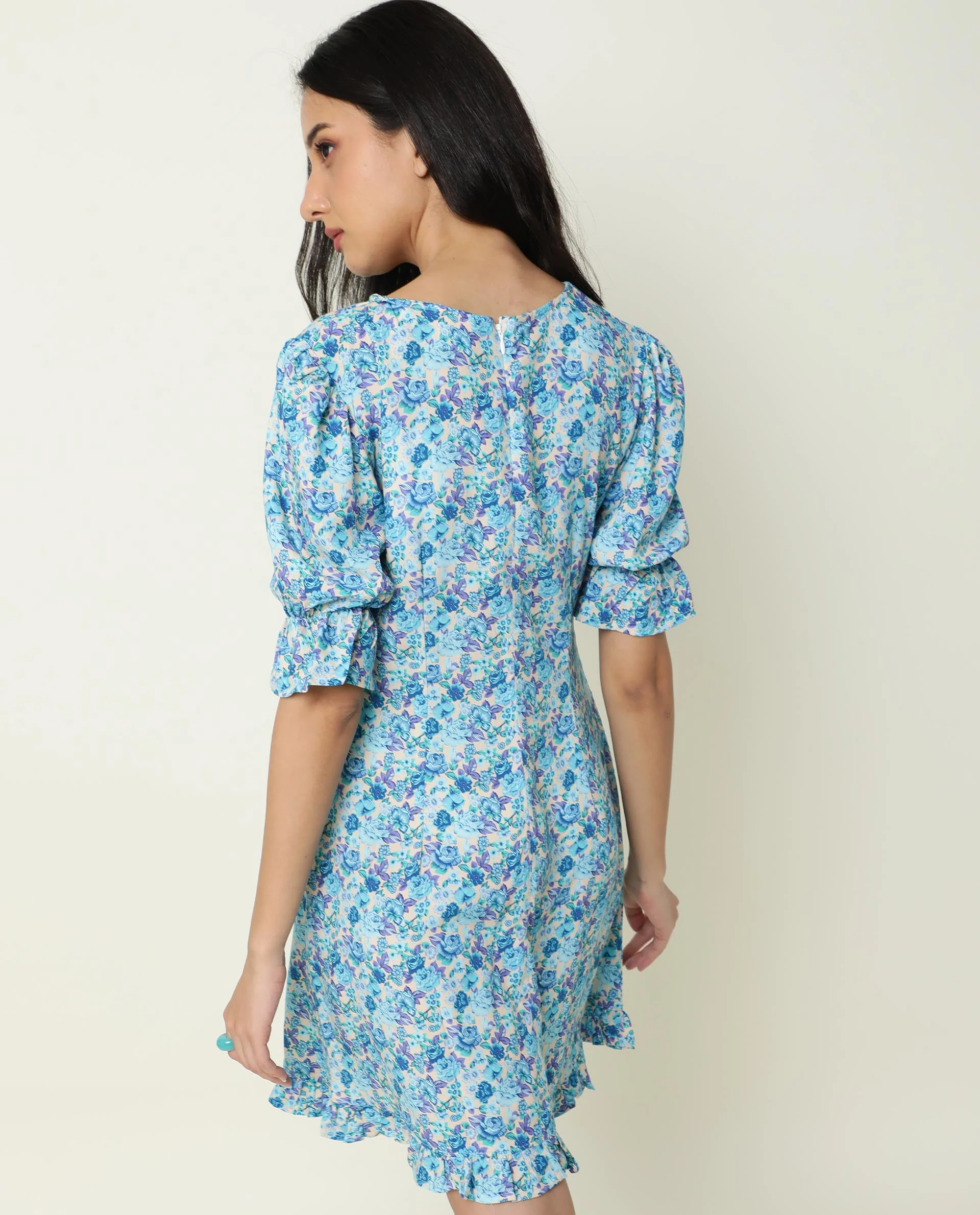 Rareism Women's Eon Blue Viscose V-Neck Floral Print Puff Sleeves Midi Slim Fit Dress - Image 5