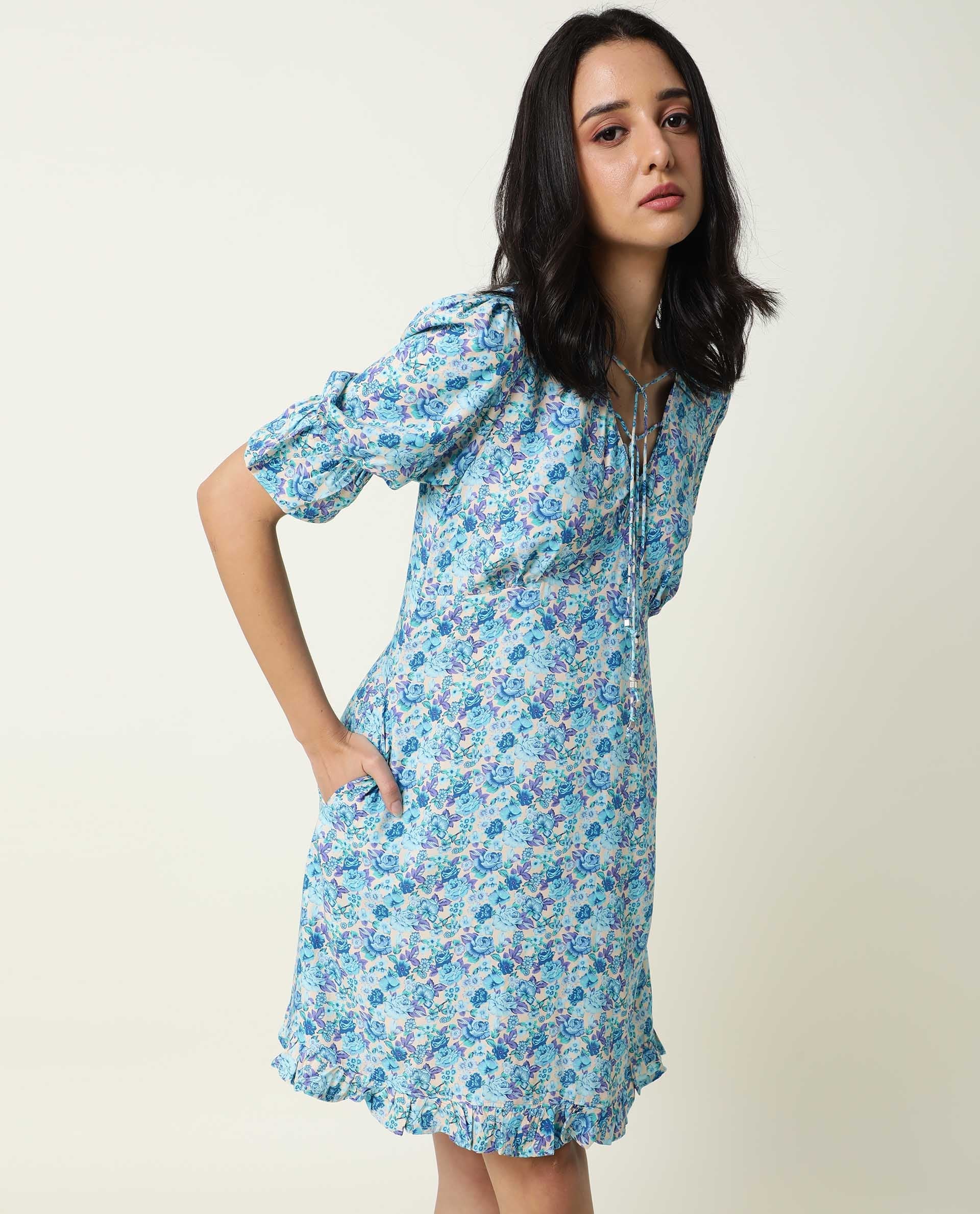 Rareism Women's Eon Blue Viscose V-Neck Floral Print Puff Sleeves Midi Slim Fit Dress - Image 8
