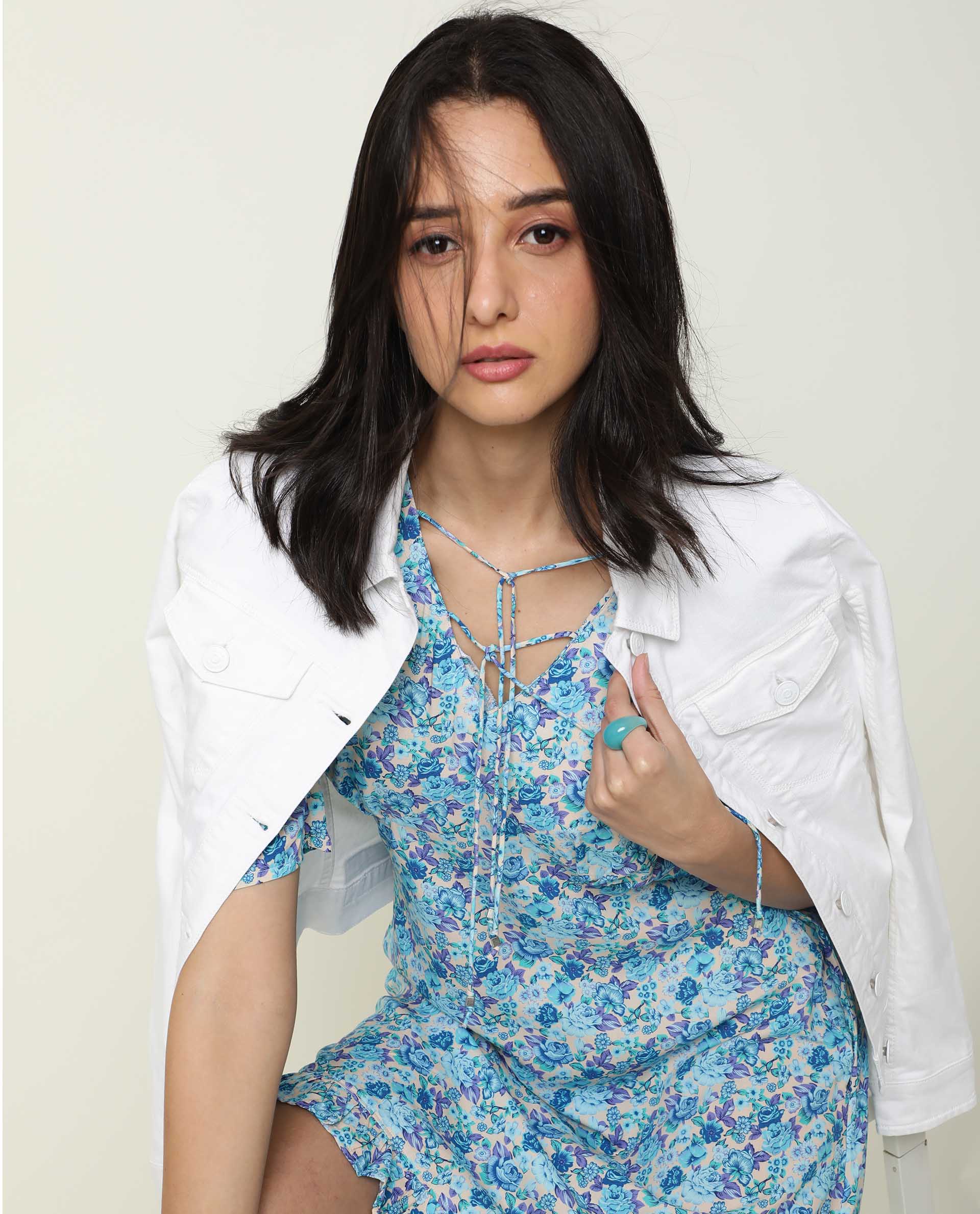 Rareism Women's Eon Blue Viscose V-Neck Floral Print Puff Sleeves Midi Slim Fit Dress - Image 9