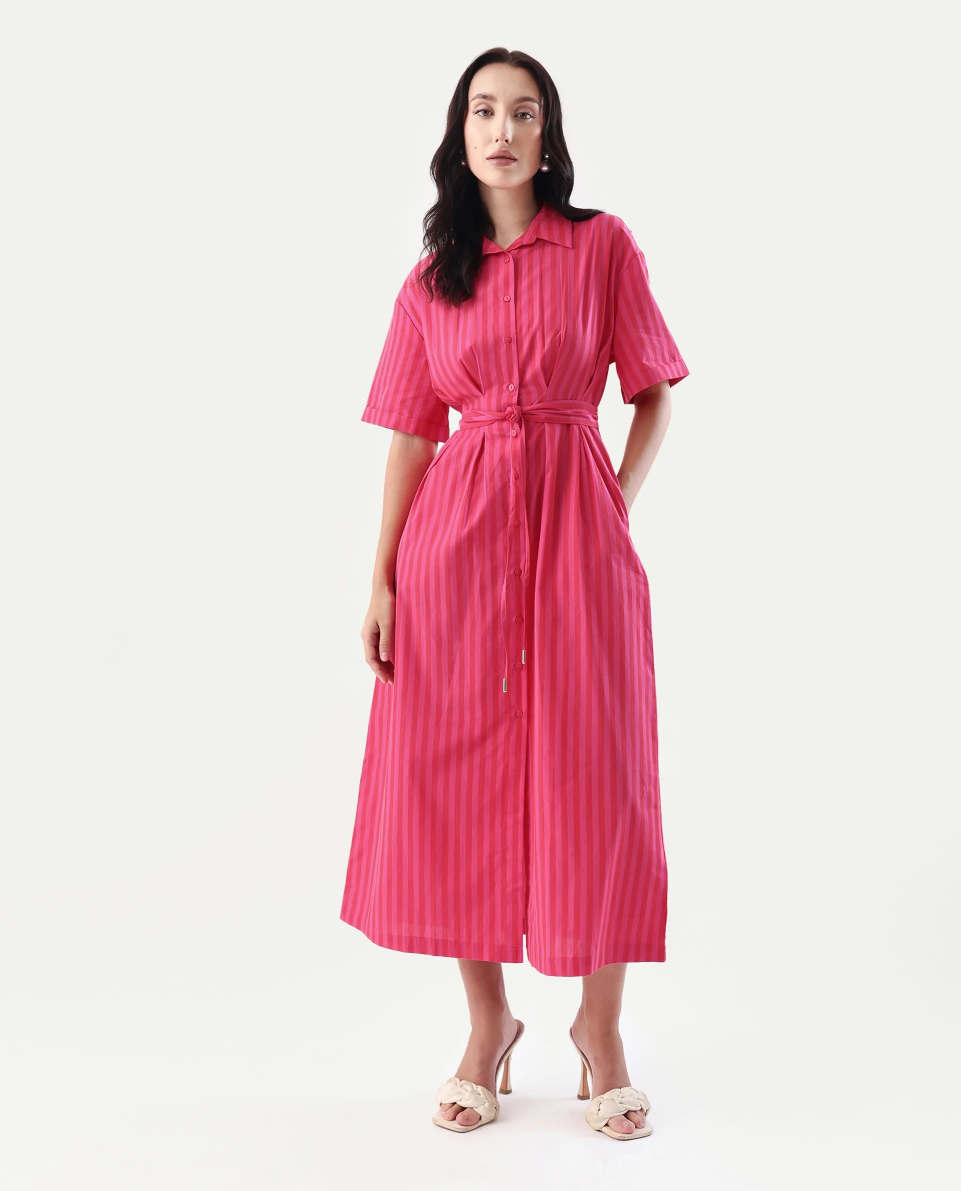 Rareism Women's Eparis Pink Cotton Blend Collared Striped Midi Regular Fit Dress - Image 2