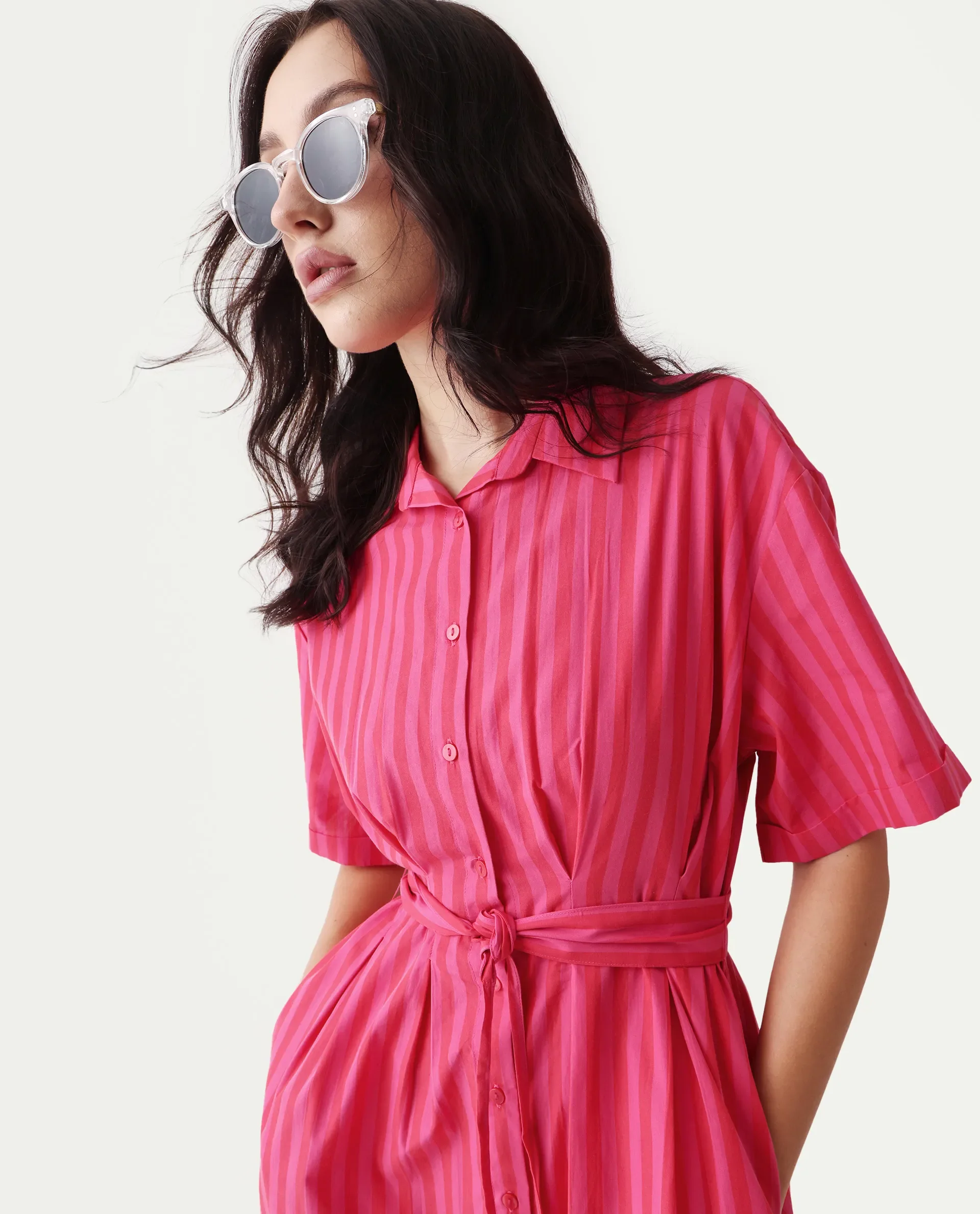 Rareism Women's Eparis Pink Cotton Blend Collared Striped Midi Regular Fit Dress - Image 3