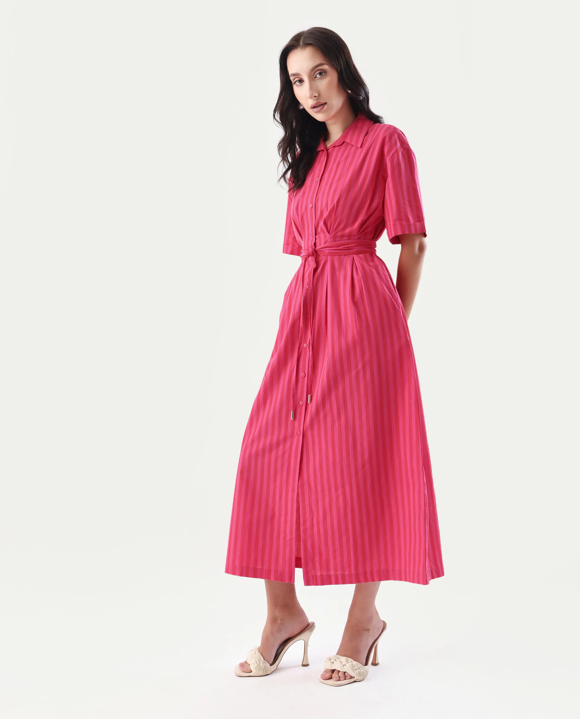 Rareism Women's Eparis Pink Cotton Blend Collared Striped Midi Regular Fit Dress - Image 4