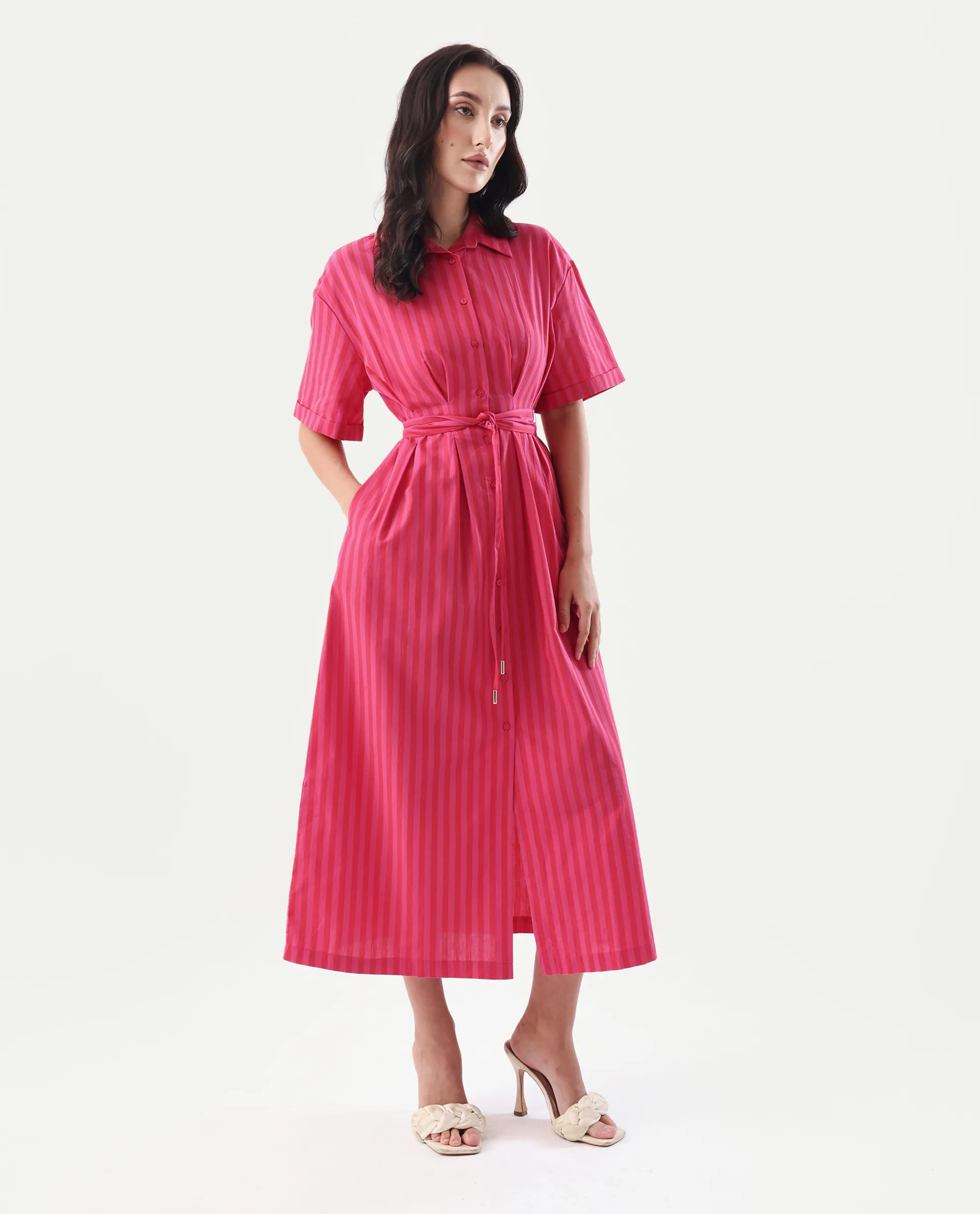 Rareism Women's Eparis Pink Cotton Blend Collared Striped Midi Regular Fit Dress - Image 5