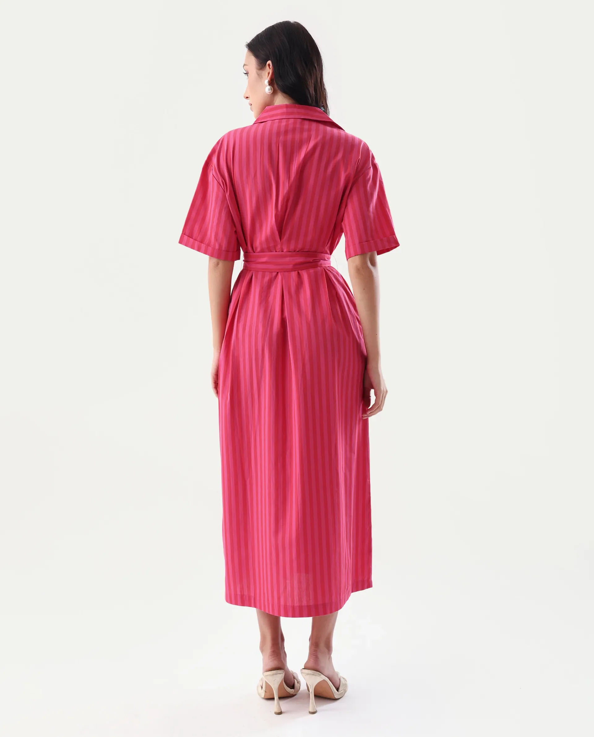 Rareism Women's Eparis Pink Cotton Blend Collared Striped Midi Regular Fit Dress - Image 6