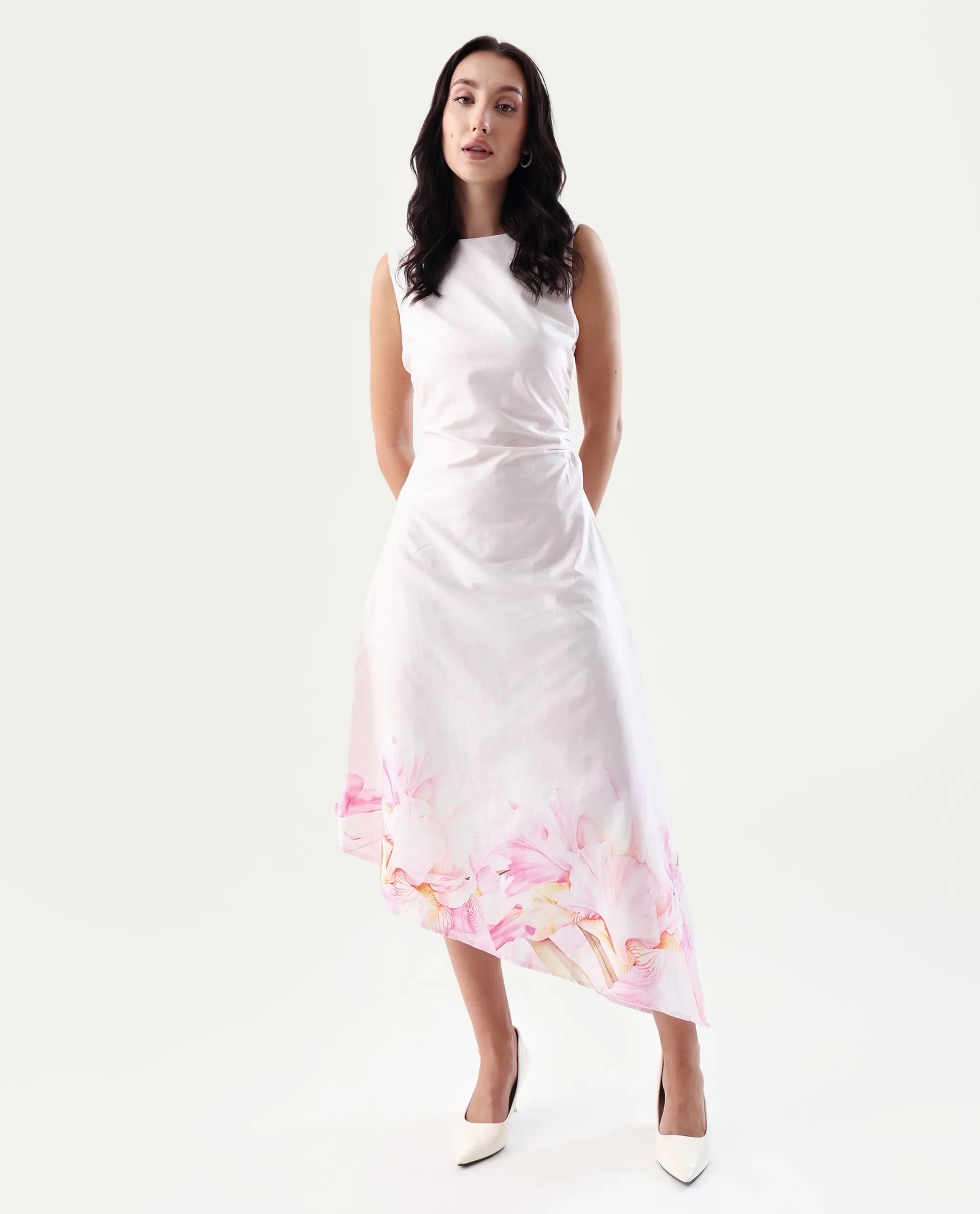 Rareism Women's Epata Off White Cotton Boat Neck Printed Sleeveless Midi Regular Fit Dress - Image 4