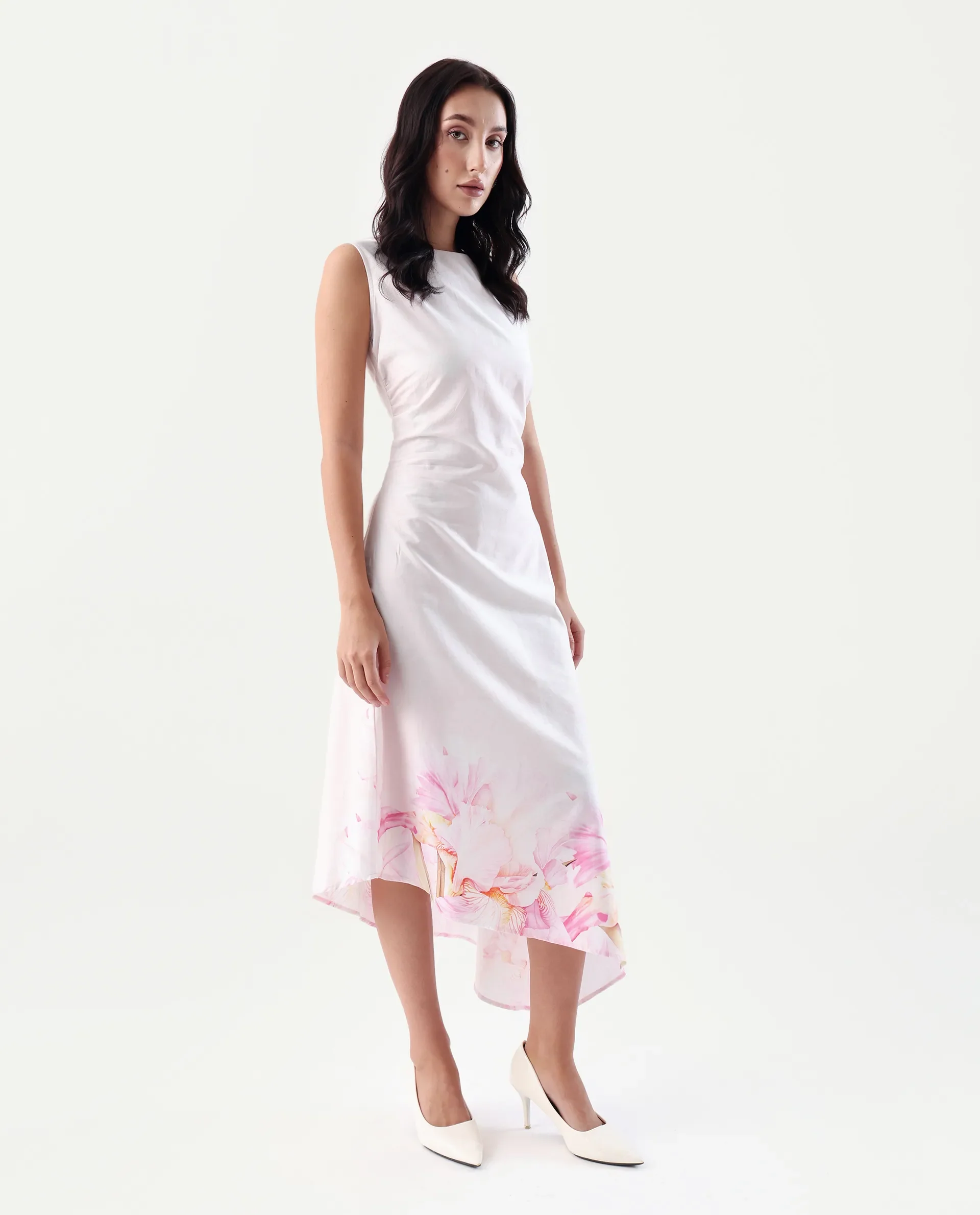 Rareism Women's Epata Off White Cotton Boat Neck Printed Sleeveless Midi Regular Fit Dress - Image 5