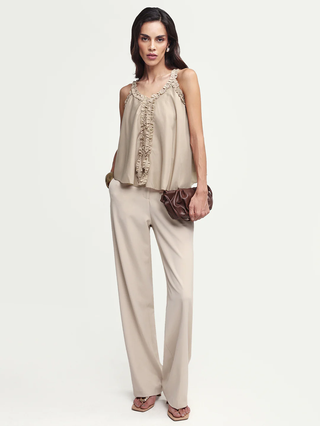 Rareism Women's Epave Beige Viscose V-Neck Plain Sleeveless Relaxed Fit Top - Image 2