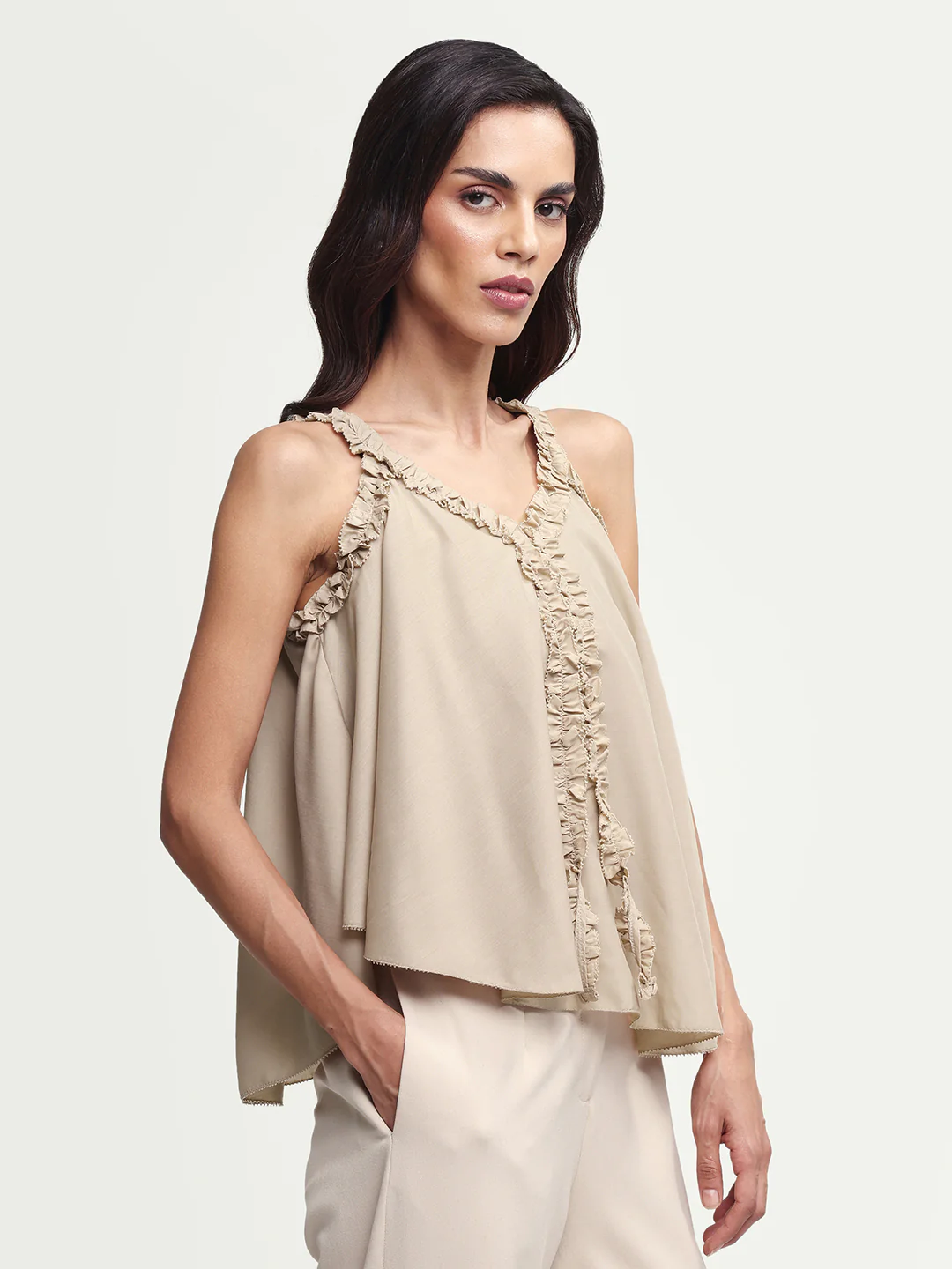 Rareism Women's Epave Beige Viscose V-Neck Plain Sleeveless Relaxed Fit Top - Image 6