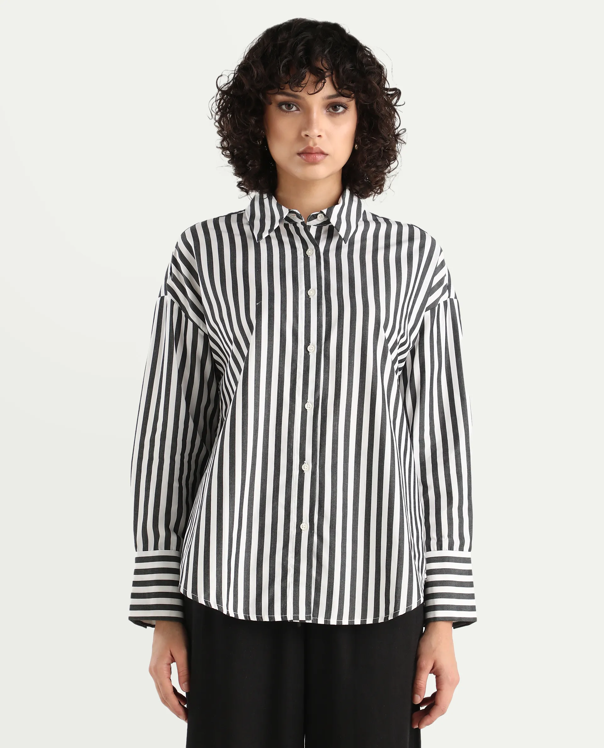 Rareism Women's Epdyed White Viscose Striped Cuffed Sleeve Boxy Fit Shirt - Image 2