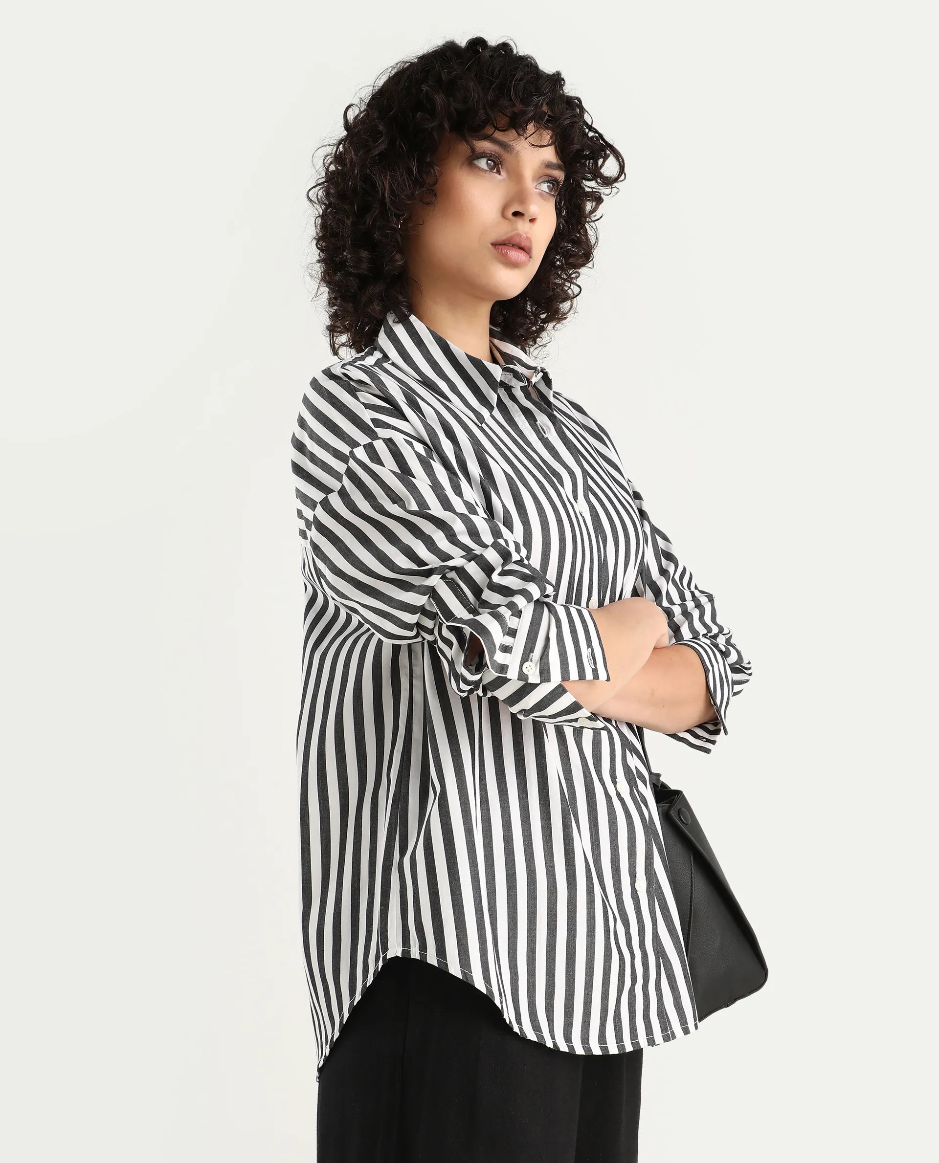 Rareism Women's Epdyed White Viscose Striped Cuffed Sleeve Boxy Fit Shirt - Image 4