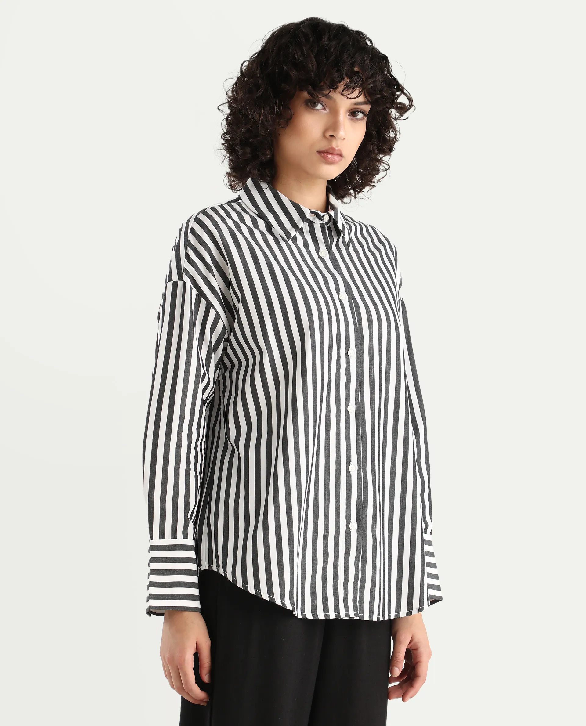 Rareism Women's Epdyed White Viscose Striped Cuffed Sleeve Boxy Fit Shirt - Image 5