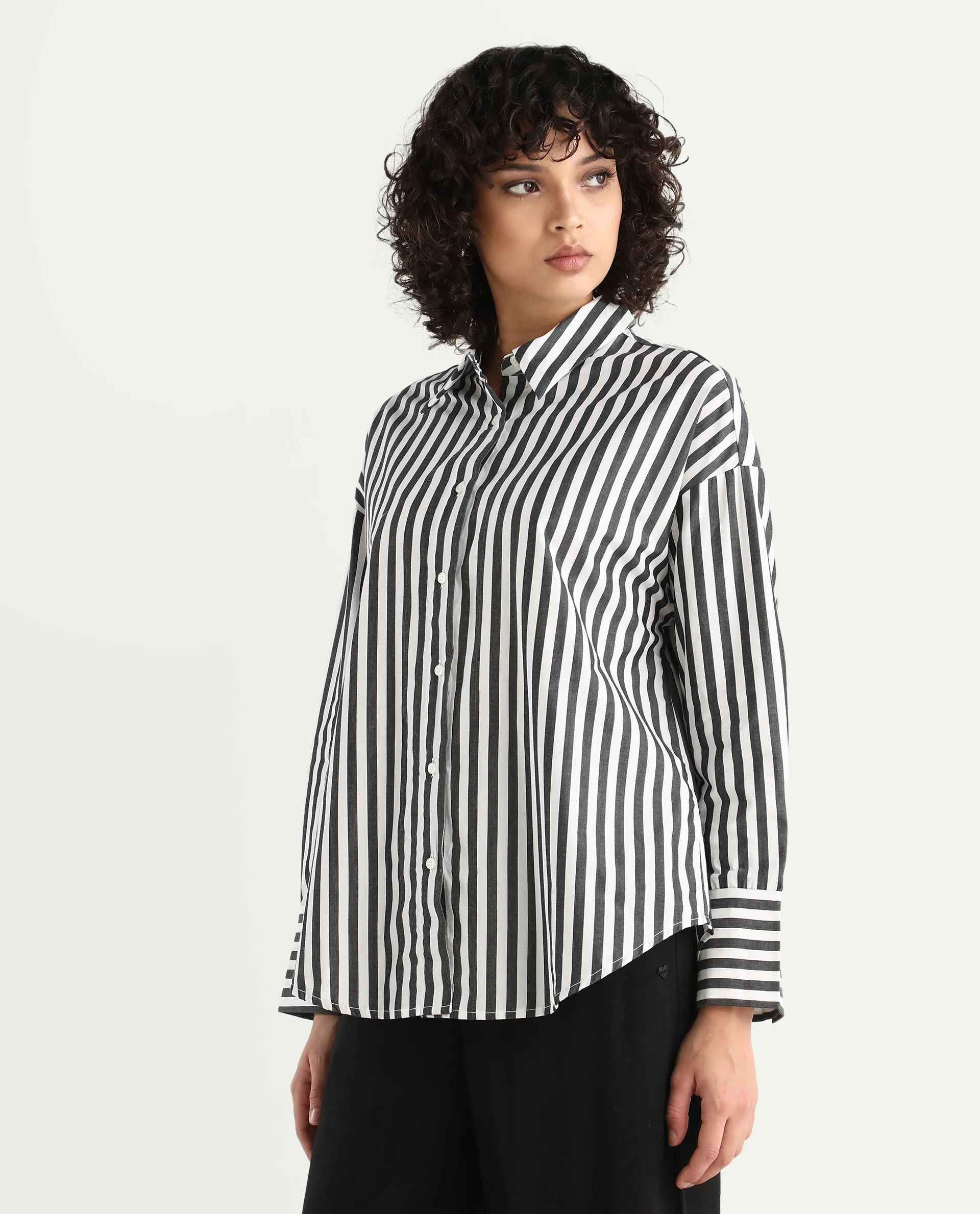 Rareism Women's Epdyed White Viscose Striped Cuffed Sleeve Boxy Fit Shirt - Image 6