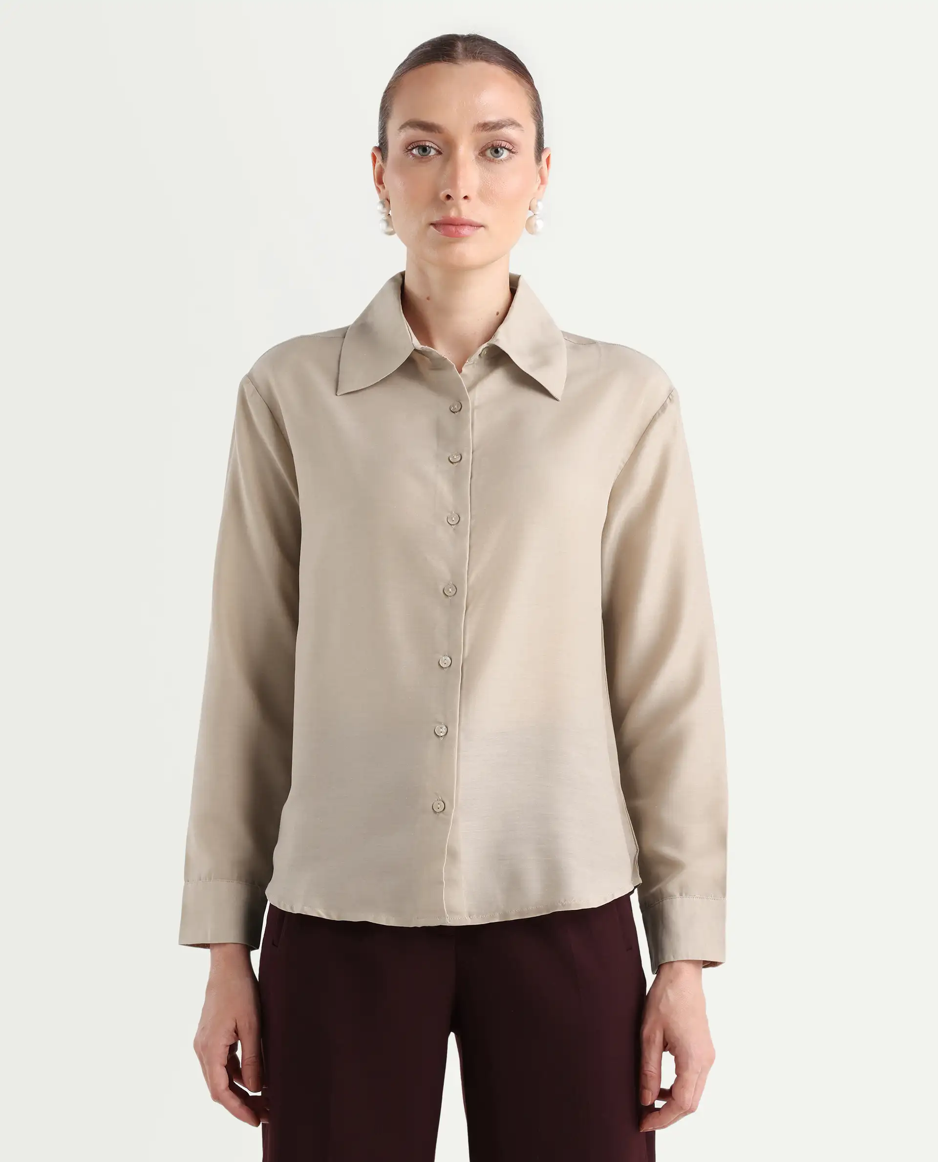 Rareism Women's Epets Beige Polyester Collared Plain Regular Fit Shirt - Image 3