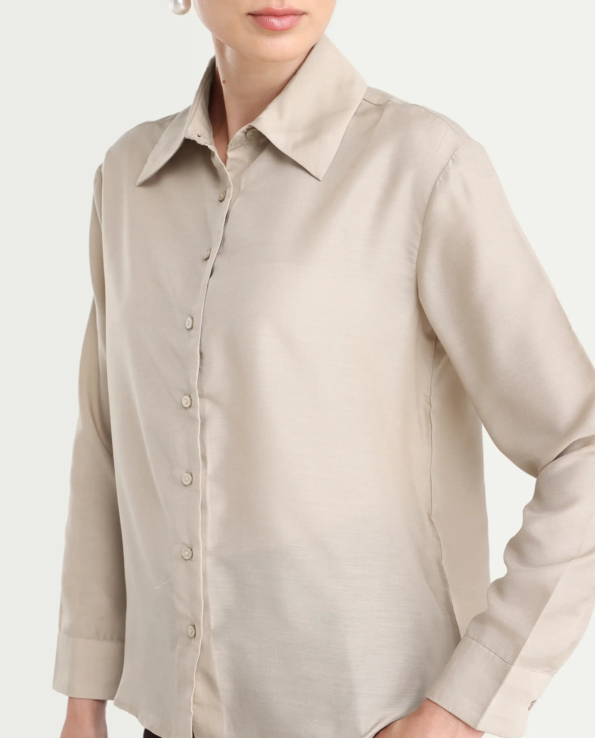 Rareism Women's Epets Beige Polyester Collared Plain Regular Fit Shirt - Image 4