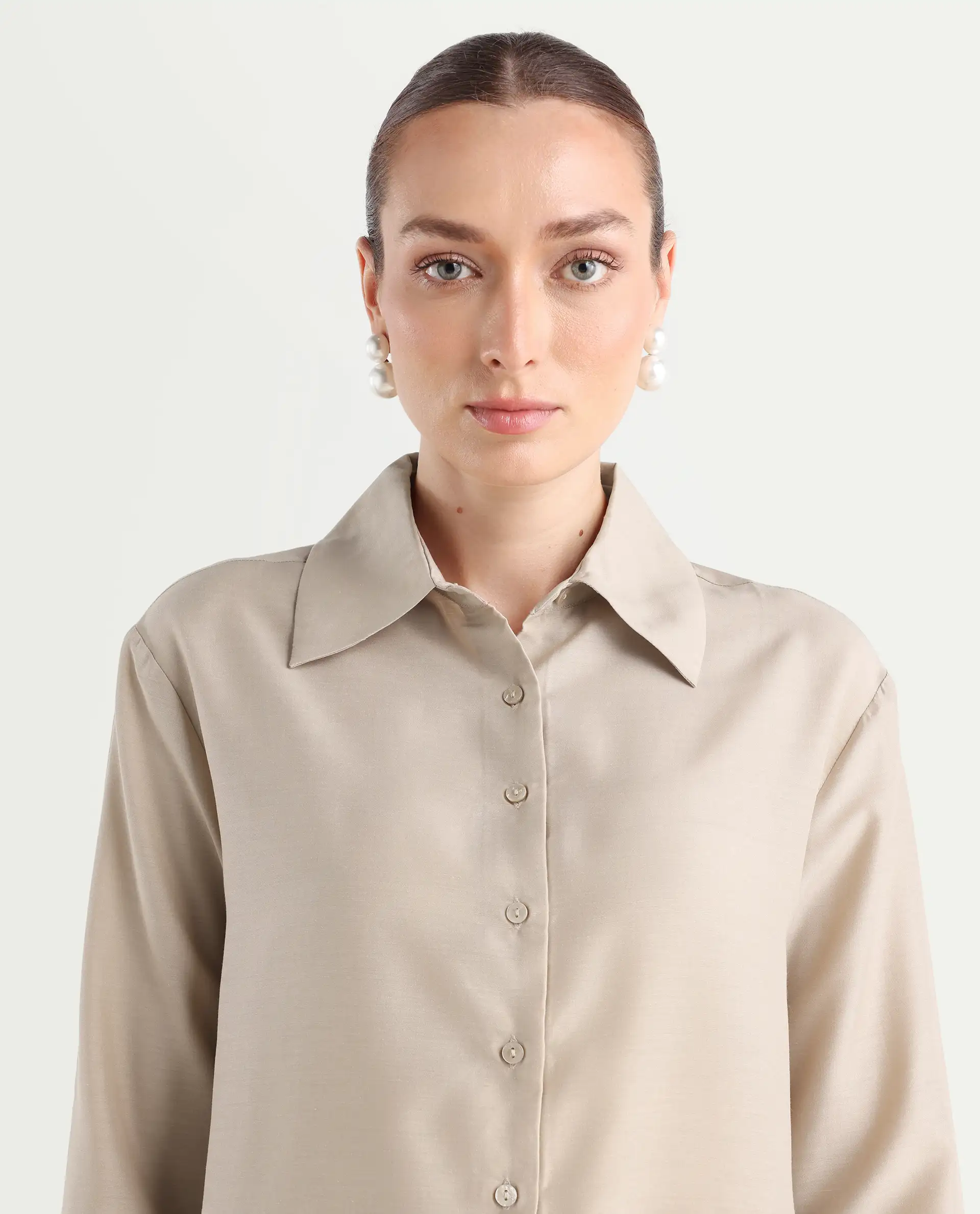 Rareism Women's Epets Beige Polyester Collared Plain Regular Fit Shirt - Image 5