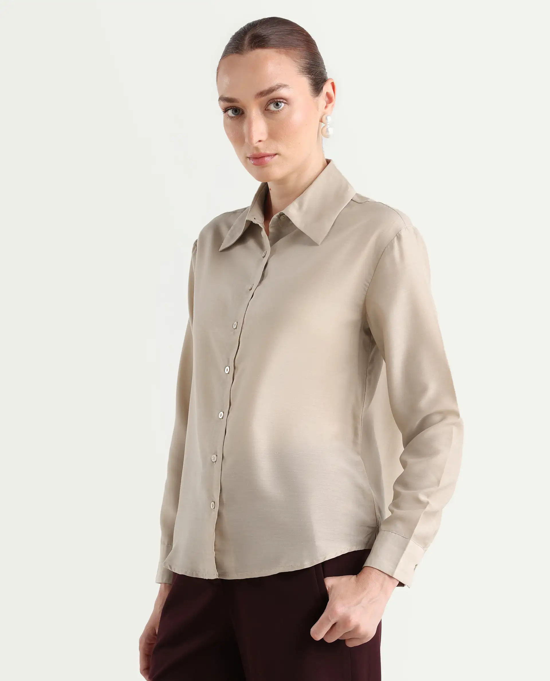 Rareism Women's Epets Beige Polyester Collared Plain Regular Fit Shirt - Image 6