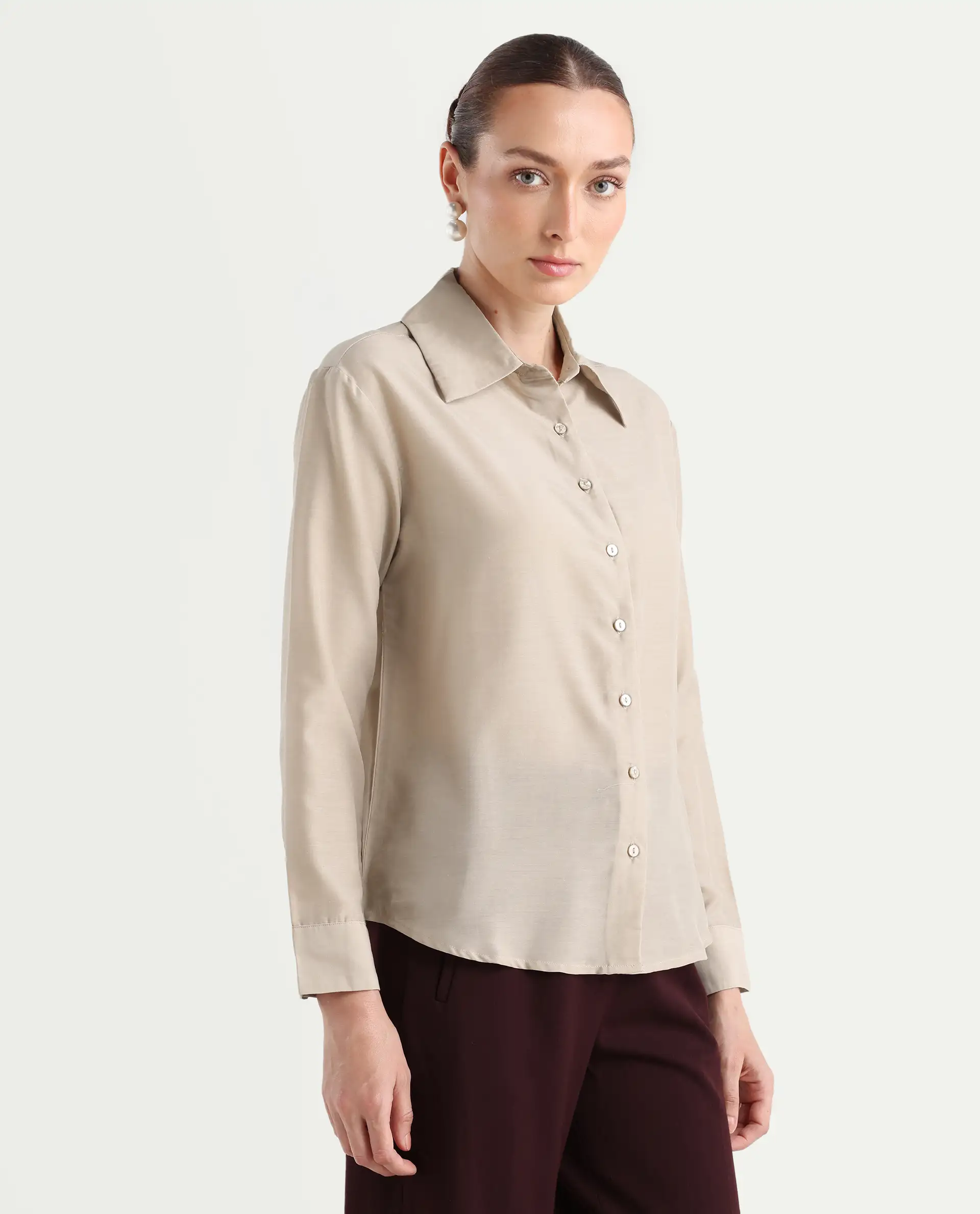 Rareism Women's Epets Beige Polyester Collared Plain Regular Fit Shirt - Image 7
