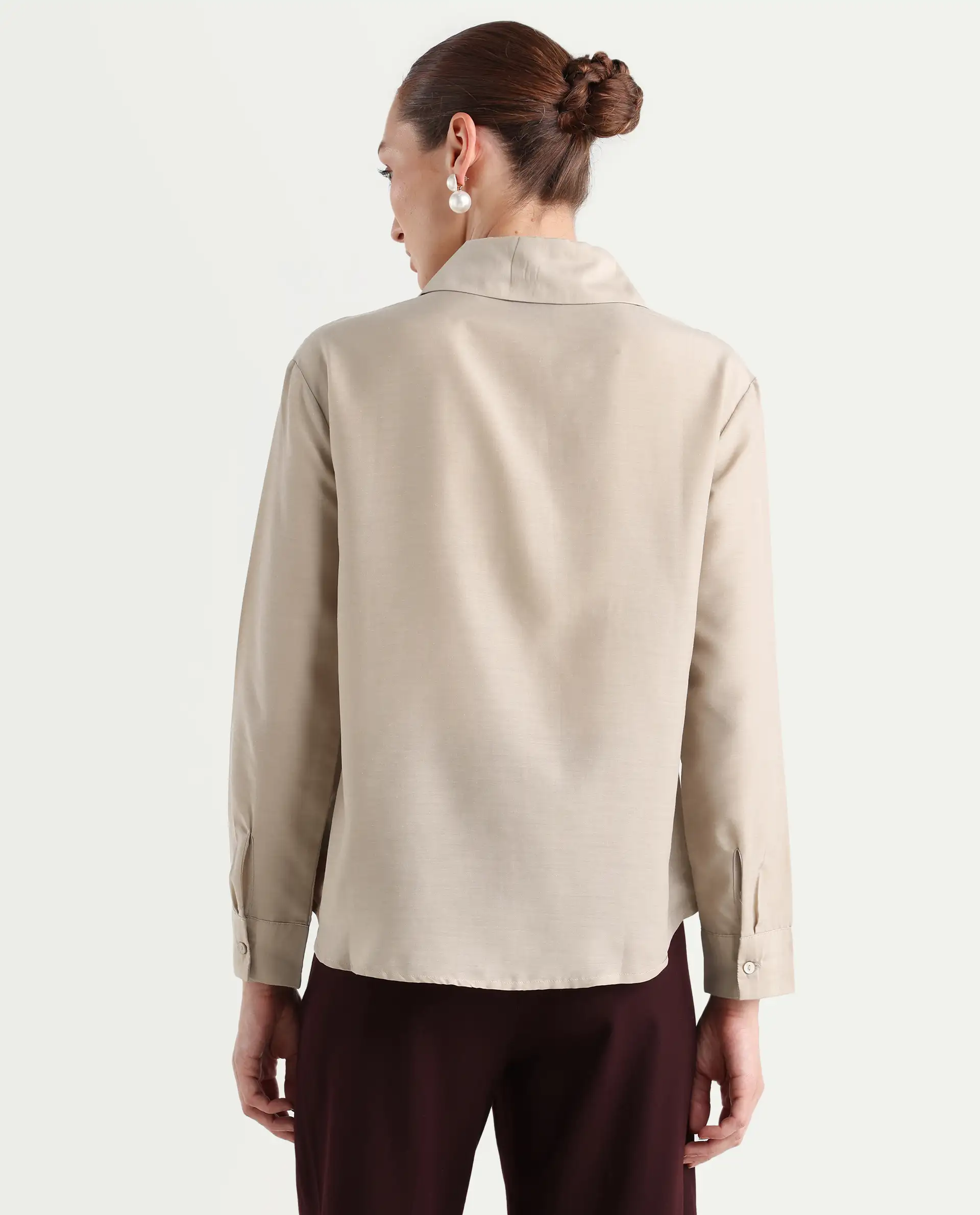 Rareism Women's Epets Beige Polyester Collared Plain Regular Fit Shirt - Image 8
