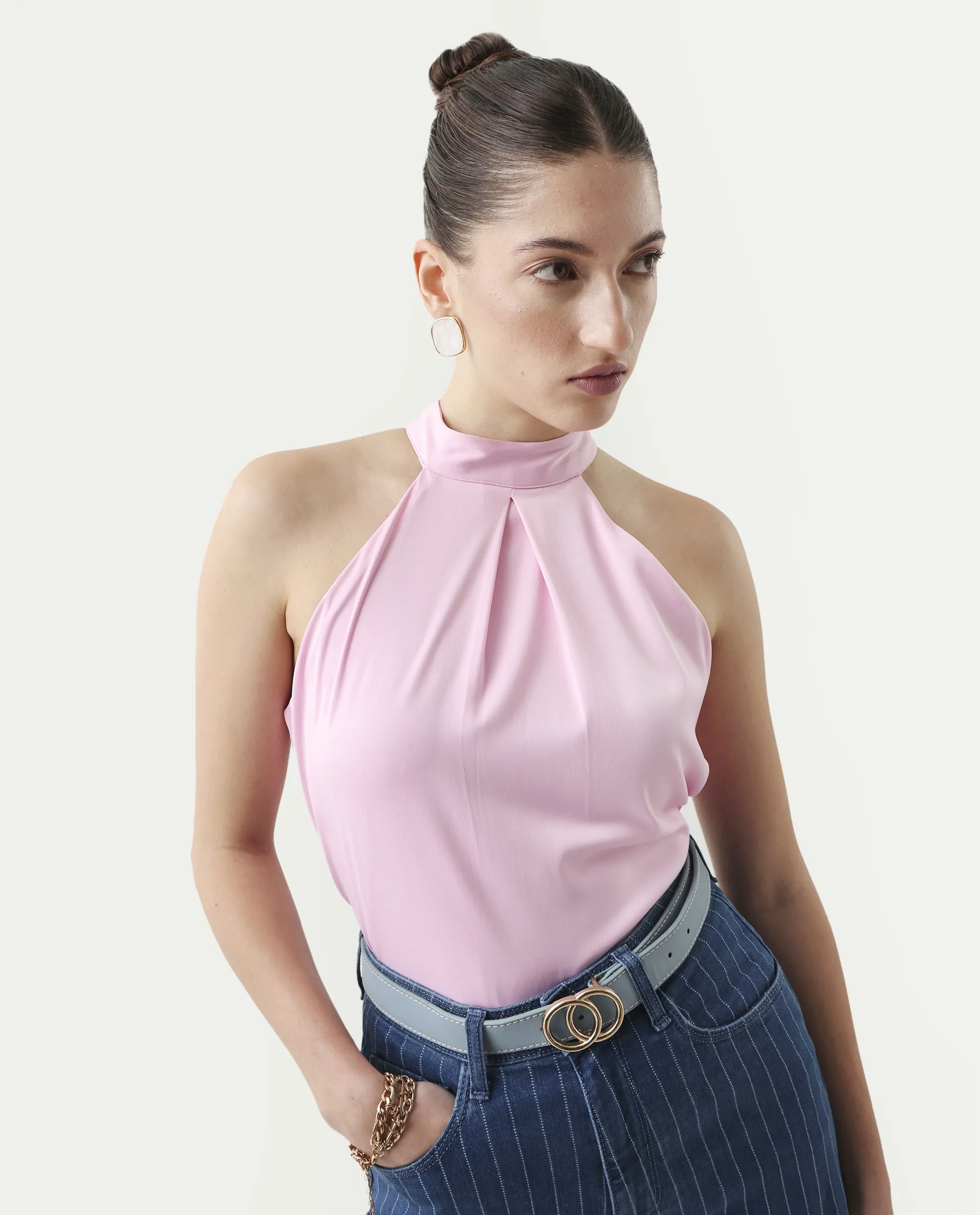 Rareism Women's Epfix Pink Satin Halter Neck Plain Sleeveless Regular Fit Top