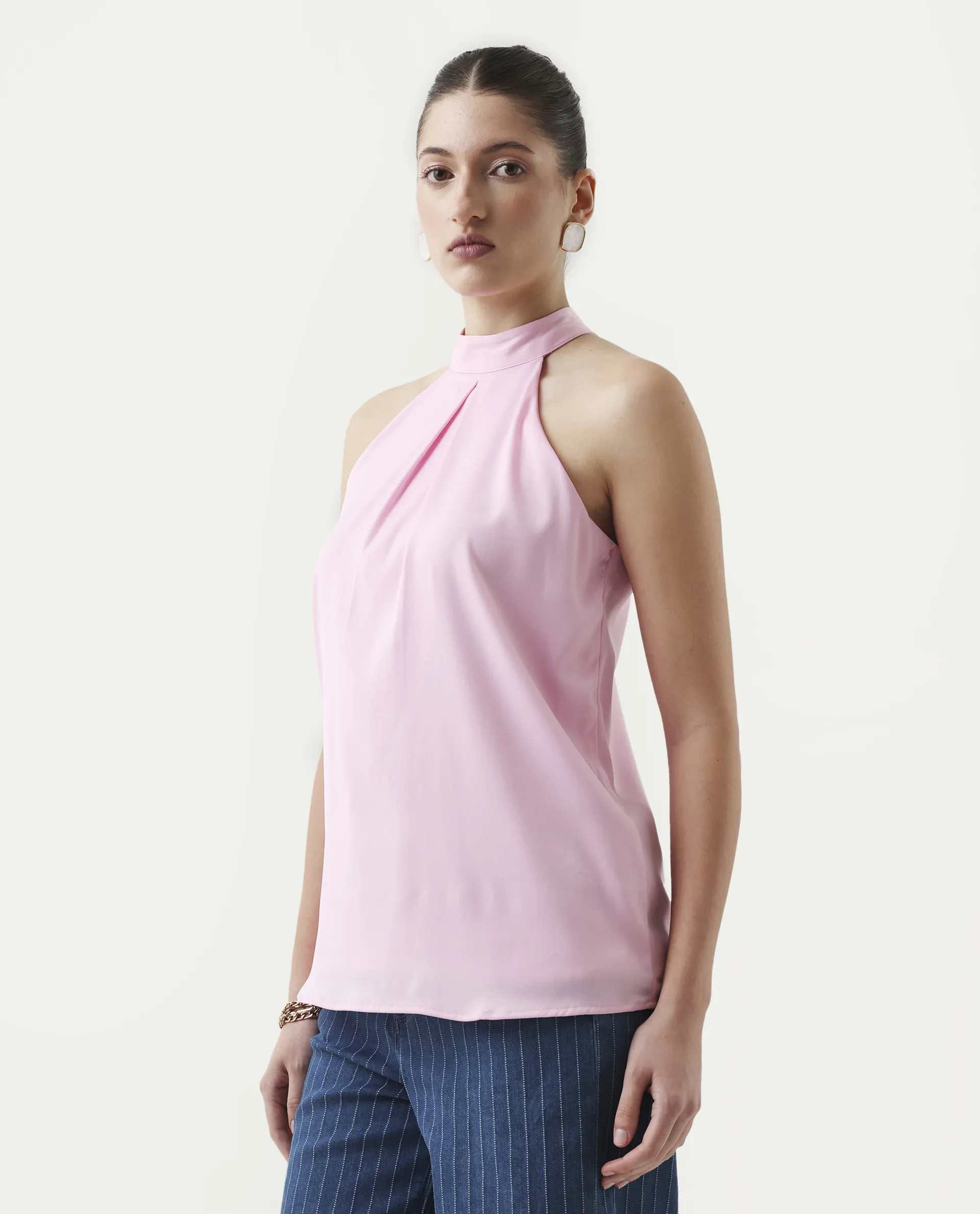 Rareism Women's Epfix Pink Satin Halter Neck Plain Sleeveless Regular Fit Top - Image 4