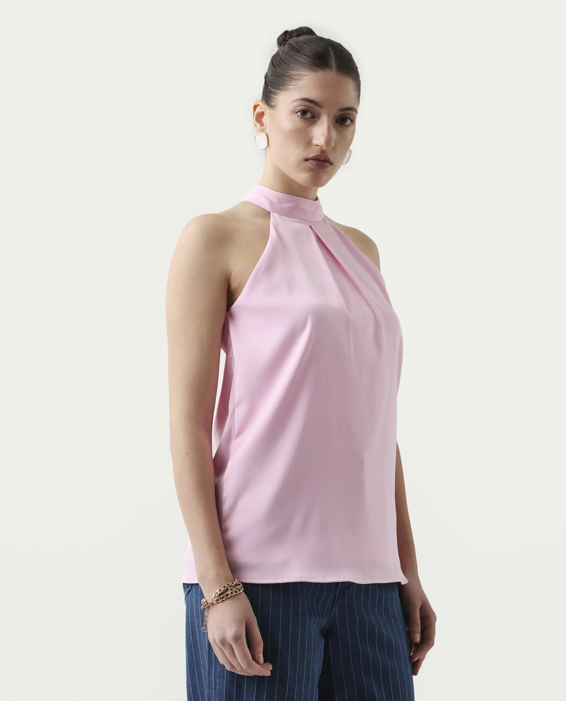 Rareism Women's Epfix Pink Satin Halter Neck Plain Sleeveless Regular Fit Top - Image 5