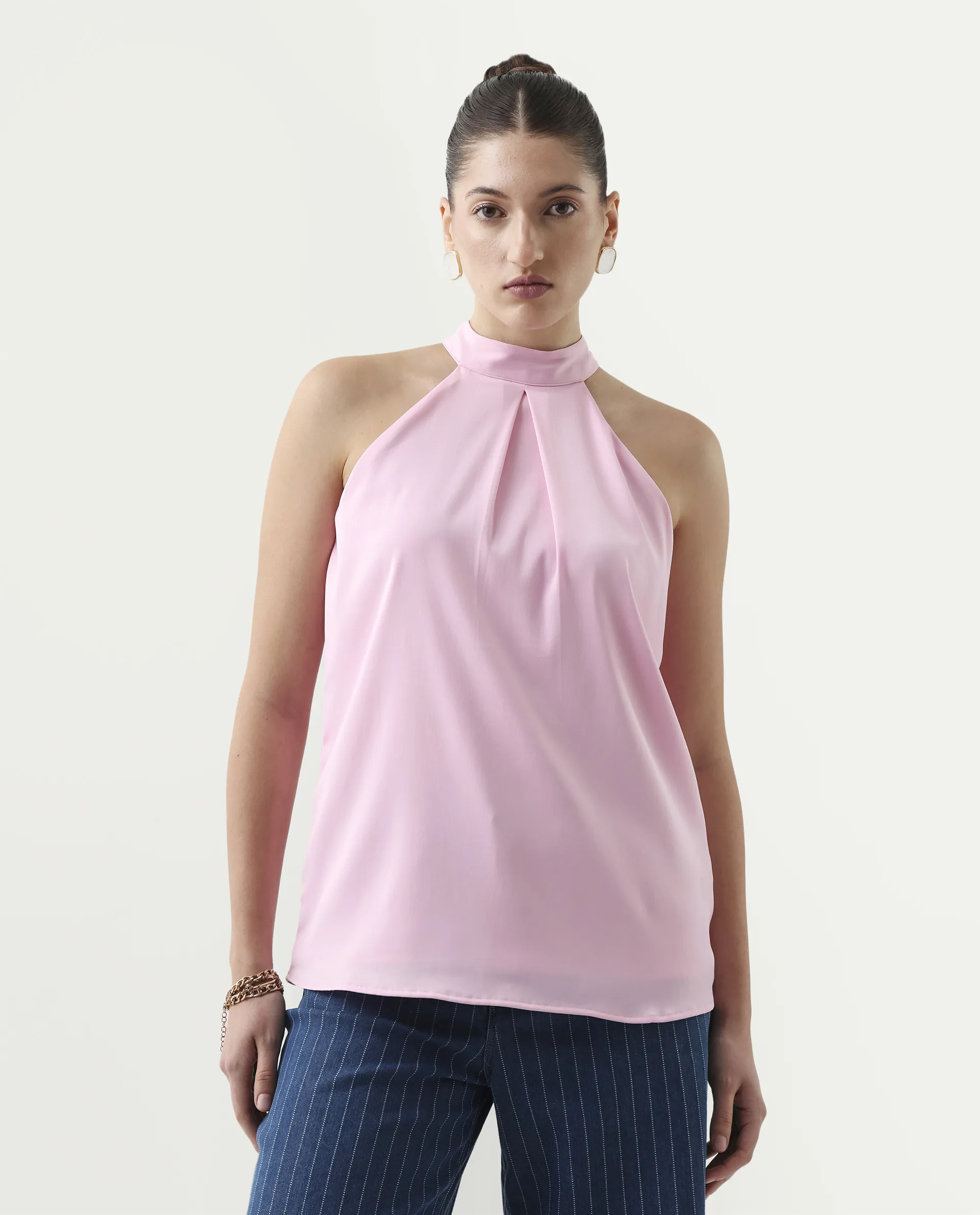 Rareism Women's Epfix Pink Satin Halter Neck Plain Sleeveless Regular Fit Top - Image 6